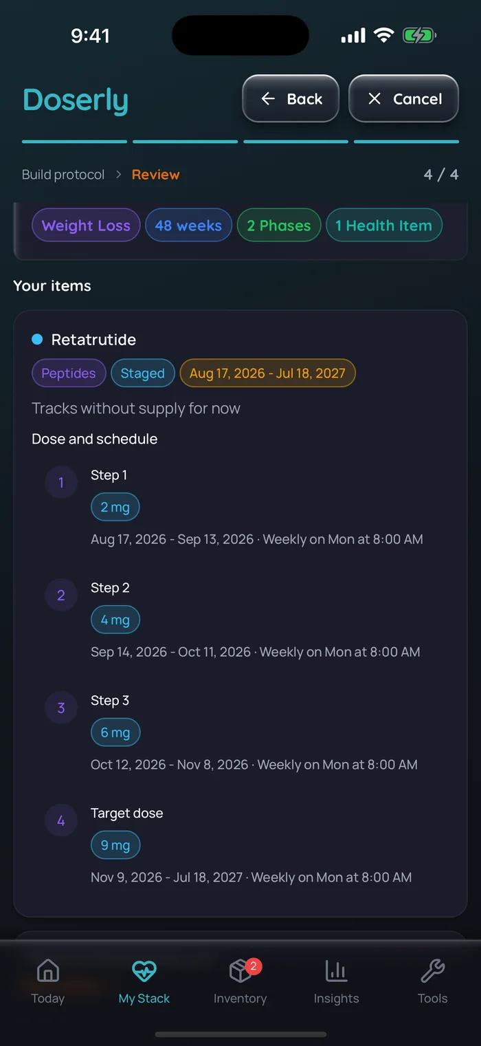 Capture de l’app Doserly (interface en anglais), données d’exemple : révision du protocole pour une cure de rétatrutide suivant les paliers des essais de phase 3, soit 2 mg du 17 août au 13 septembre, 4 mg du 14 septembre au 11 octobre, 6 mg du 12 octobre au 8 novembre, puis une dose cible de 9 mg à partir du 9 novembre, chaque dose étant prise une fois par semaine, le lundi à 8 h.