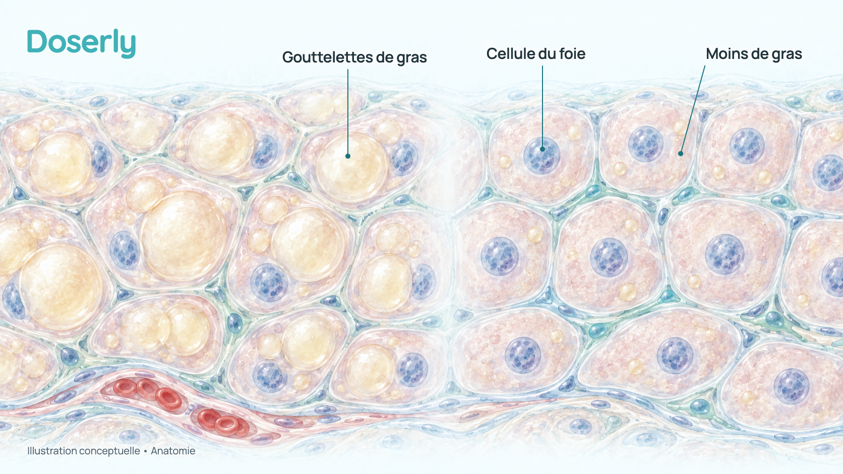 Aquarelle conceptuelle d’une coupe de tissu hépatique : d’un côté, des cellules du foie remplies de gouttelettes de gras; de l’autre, des cellules qui en contiennent peu. Elle explique ce que mesure un examen IRM de la graisse du foie; ce n’est ni une image de microscope ni un résultat du rétatrutide.