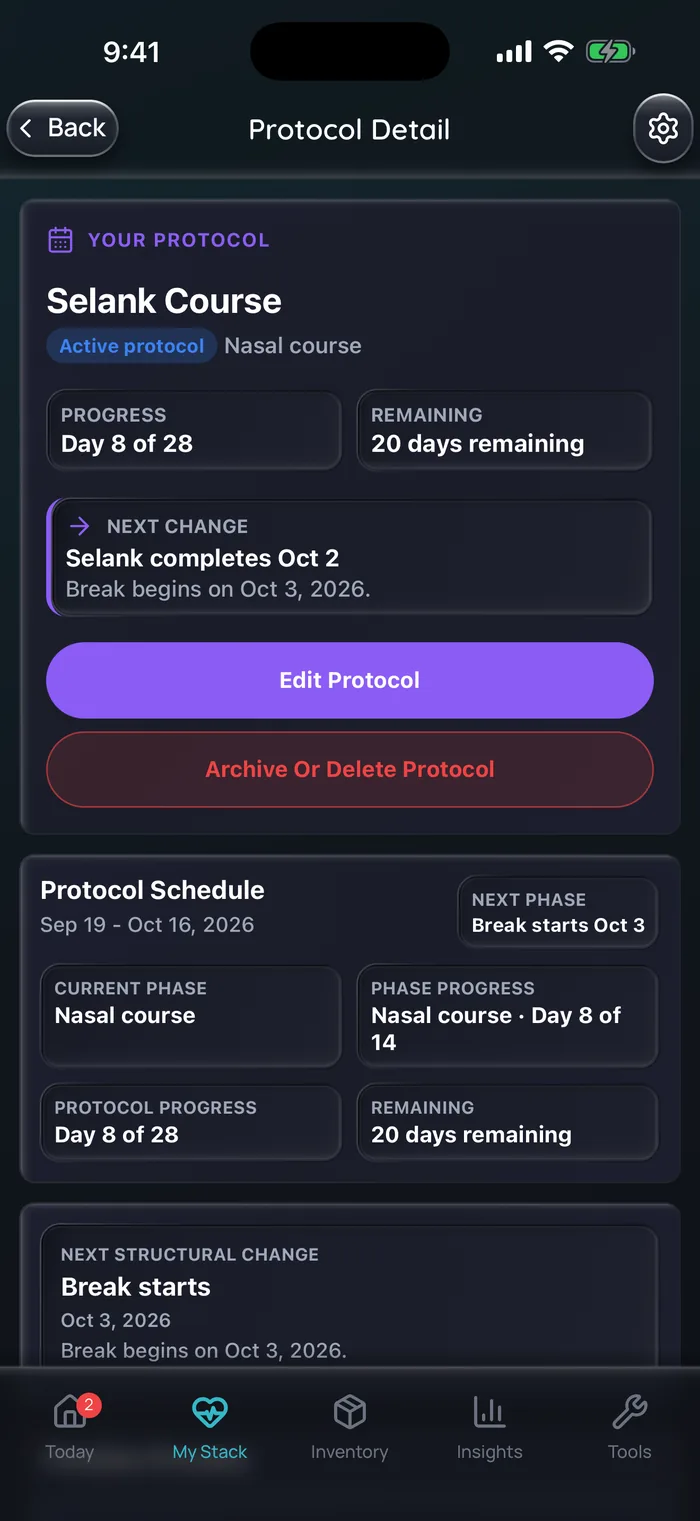 Capture de l’app Doserly (interface en anglais) : détail du protocole pour un exemple de cure de Selank au jour 8 sur 28, dans la phase de cure nasale, avec 20 jours restants et une pause qui commence le 3 octobre.