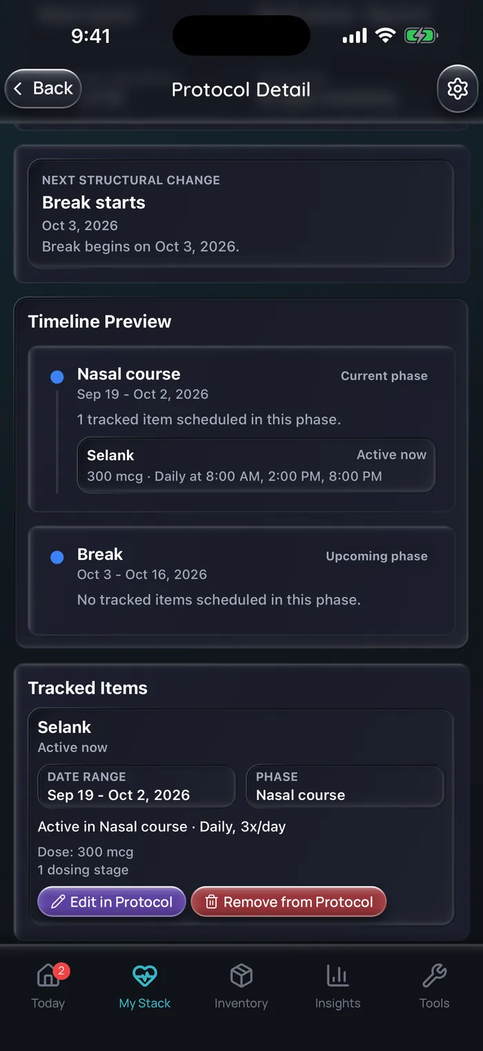 Doserly timeline preview for an example Selank course: a nasal course from September 19 to October 2 with Selank 300 mcg daily at 8:00 AM, 2:00 PM and 8:00 PM, followed by a break from October 3 to October 16 with no tracked items scheduled.