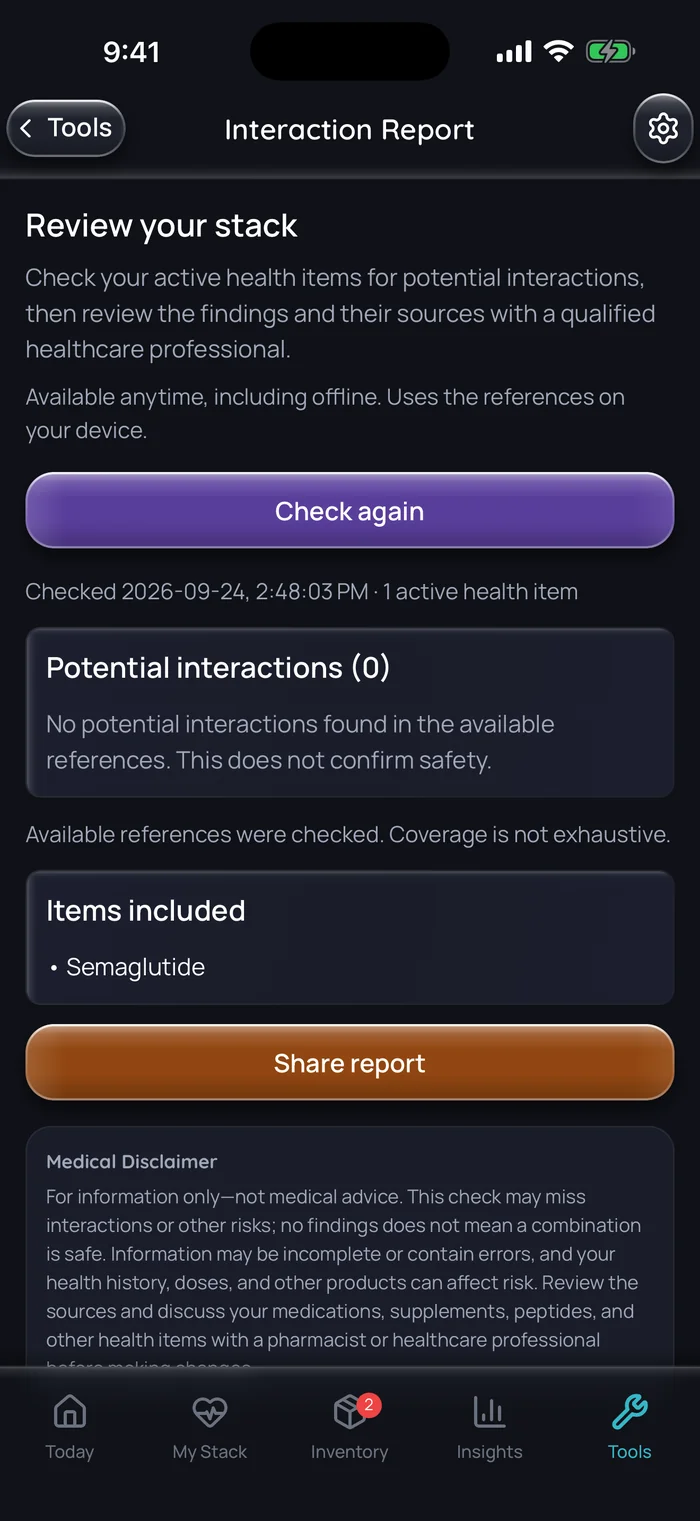 Capture de l’app Doserly (interface en anglais), données d’exemple : rapport d’interactions pour une combinaison comptant un seul élément actif, le sémaglutide, qui n’affiche aucune interaction possible dans les références disponibles et précise que la couverture n’est pas exhaustive.