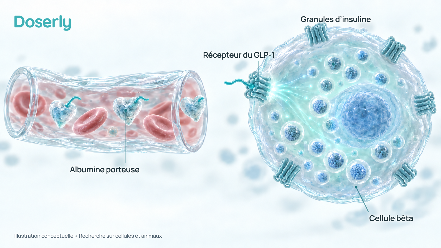 Illustration conceptuelle du sémaglutide transporté par l’albumine dans un petit vaisseau sanguin et se liant aux récepteurs du GLP-1 d’une cellule du pancréas qui produit de l’insuline. C’est un schéma simplifié, pas une image de microscopie.