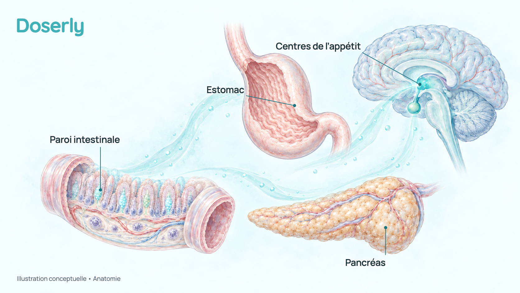 Illustration conceptuelle de l’intestin grêle, de l’estomac, du pancréas et du cerveau, les organes que relient les signaux du GLP-1. Elle montre l’anatomie, pas un effet mesuré du médicament.