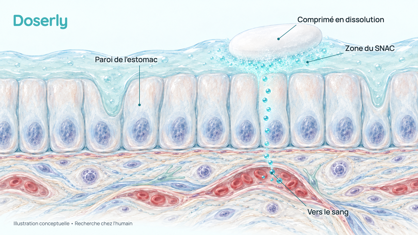 Coupe conceptuelle de la paroi de l’estomac, avec un comprimé qui se dissout sur la muqueuse et du sémaglutide qui traverse les cellules de la paroi vers de petits vaisseaux sanguins. C’est un schéma simplifié, pas une image de microscopie.