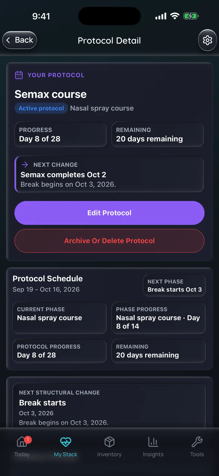 Capture de l’app Doserly (interface en anglais), données d’exemple : détail du protocole pour une cure de Semax d’exemple au jour 8 sur 28, pendant la phase de vaporisation nasale, avec 20 jours restants et une pause commençant le 3 octobre.