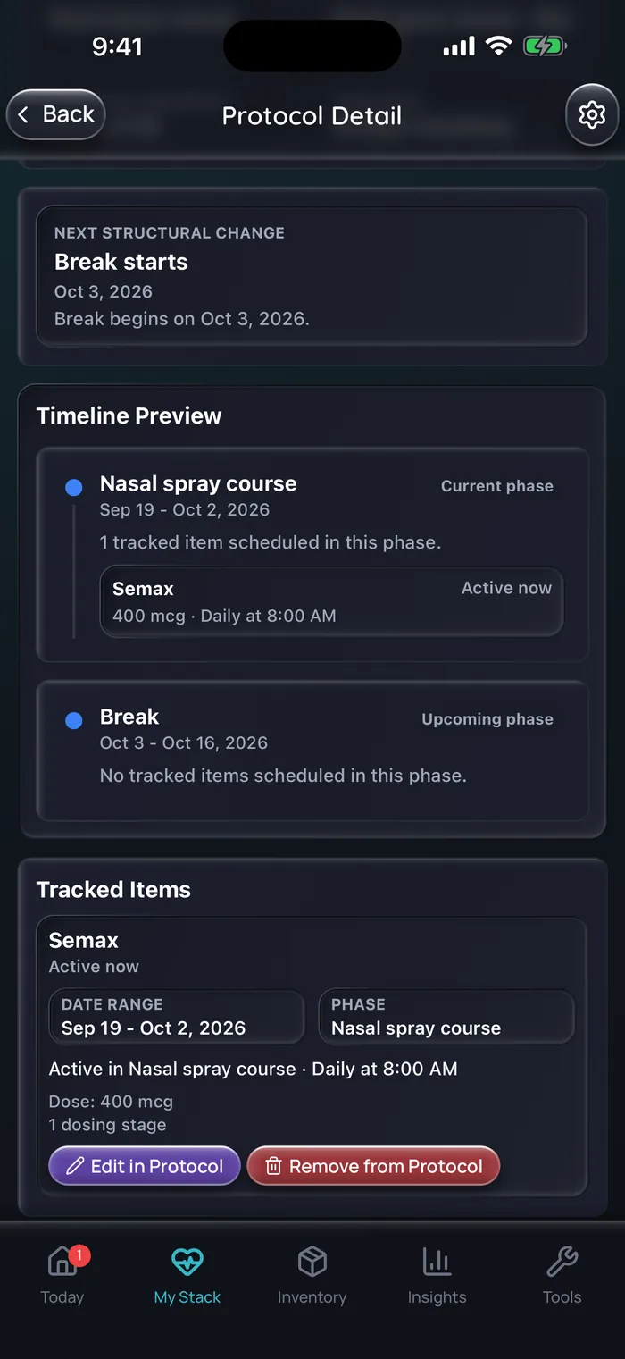 Doserly timeline preview for an example Semax course: a nasal spray course from September 19 to October 2 with Semax 400 mcg daily at 8:00 AM, followed by a break from October 3 to October 16 with nothing scheduled.