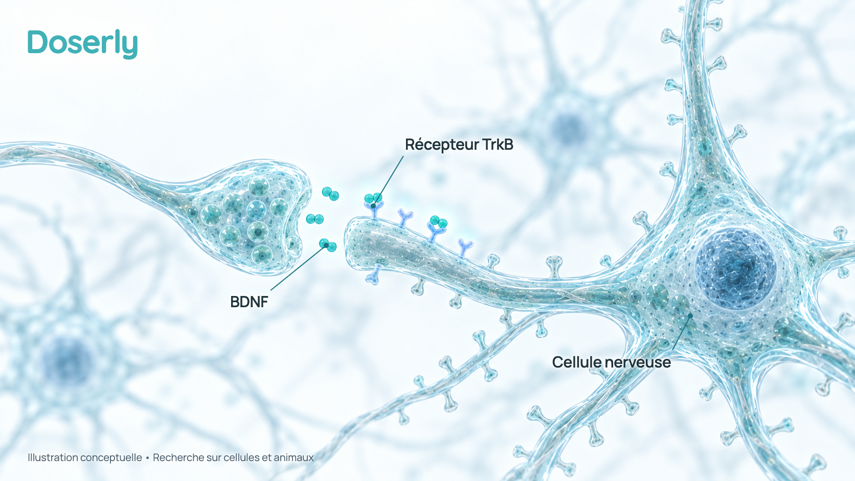 Illustration conceptuelle d’une cellule nerveuse de l’hippocampe libérant le BDNF, une protéine qui soutient la croissance, et de sa liaison aux récepteurs TrkB sur les ramifications d’une cellule nerveuse voisine. Elle représente des résultats d’études chez le rat, et non un effet mesuré chez une personne.