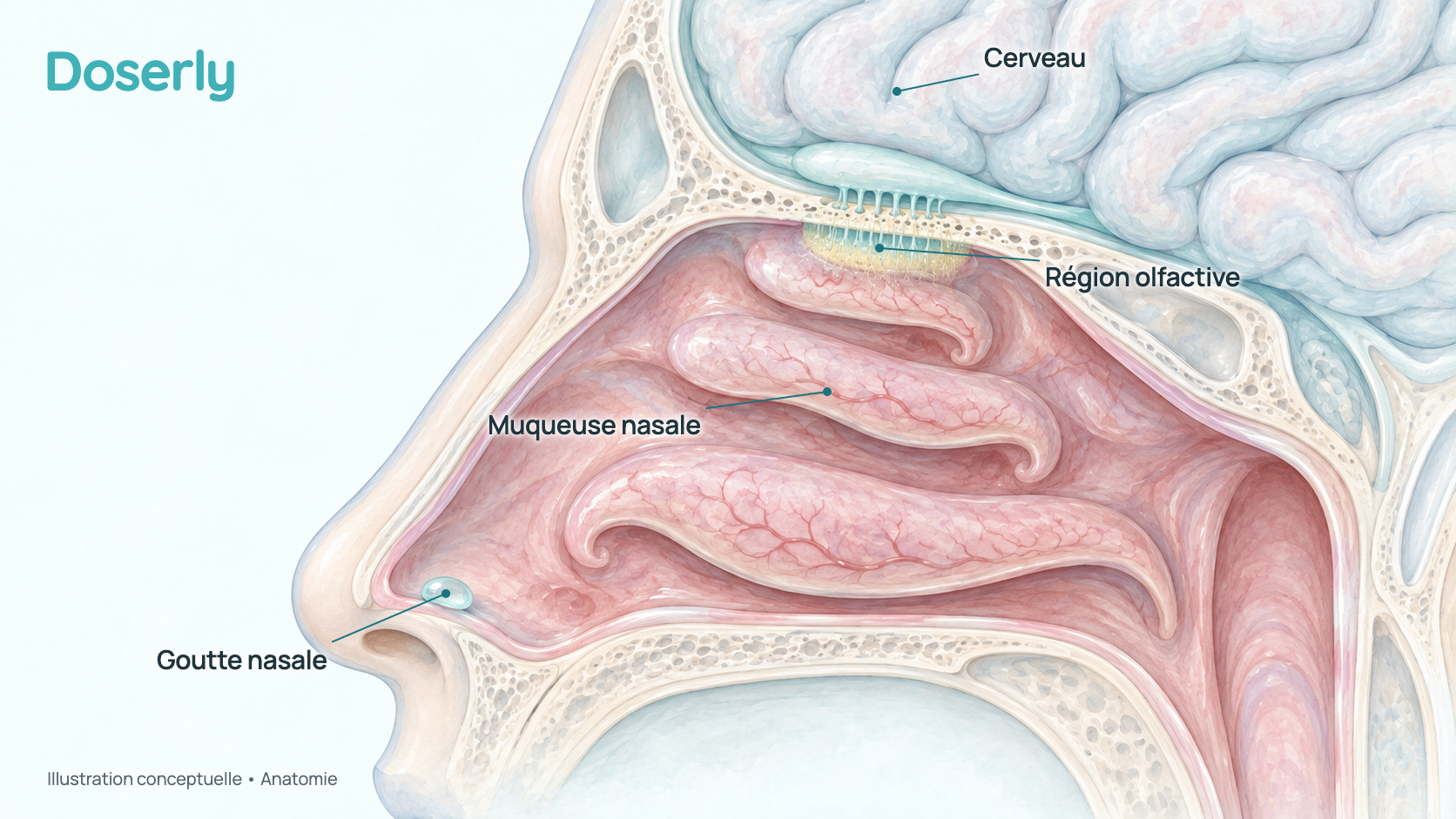 Vue conceptuelle de profil de la tête montrant la cavité nasale, le mince plafond du nez près de la région olfactive et le cerveau juste au-dessus. Elle montre le trajet des gouttes nasales, sans indiquer une quantité mesurée de Semax atteignant le cerveau.