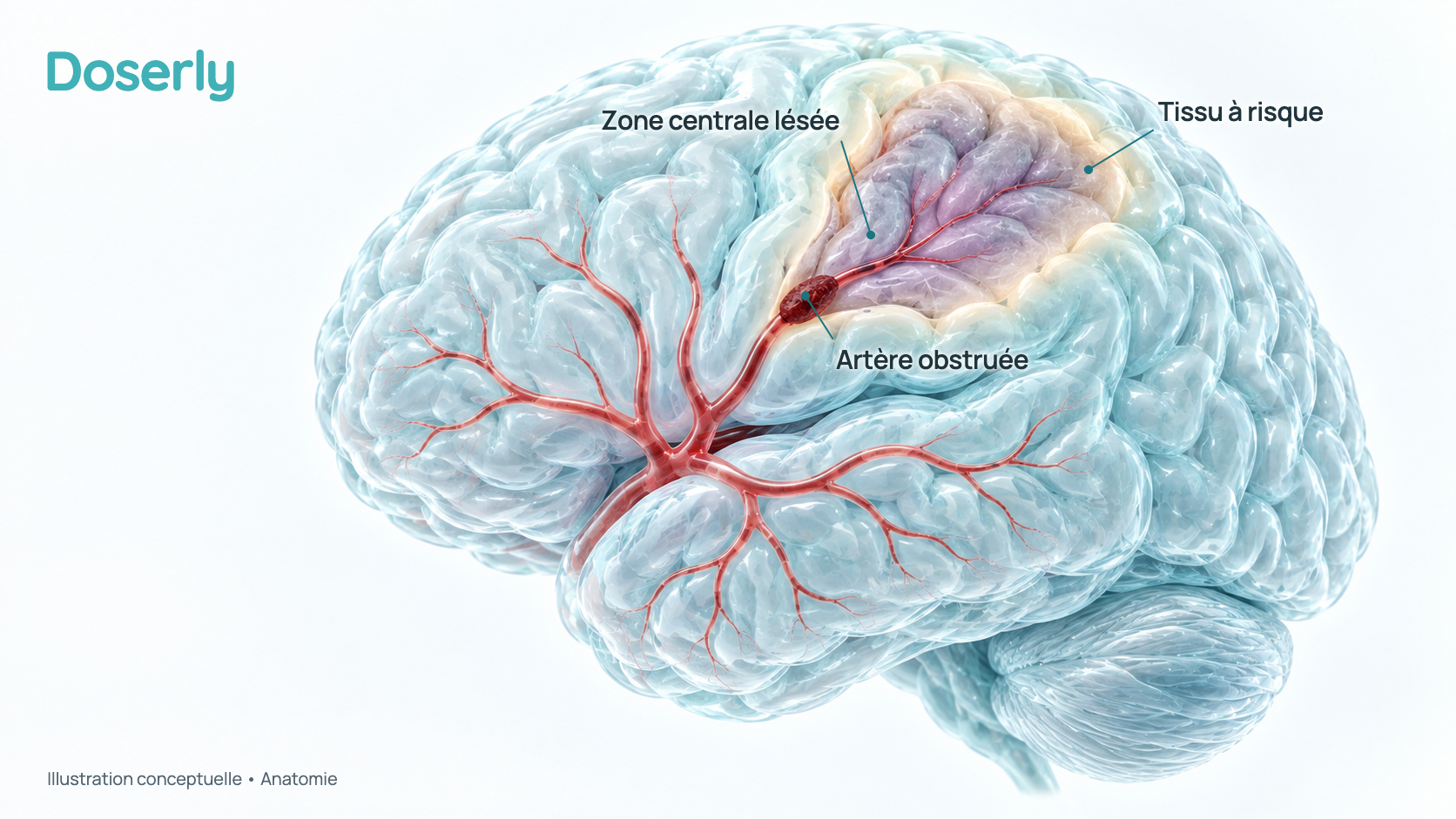 Vue conceptuelle d’un cerveau montrant une artère obstruée, une zone centrale de tissu endommagé et une zone périphérique de tissu à risque que les chercheurs espèrent protéger. Elle ne montre pas un effet mesuré du Semax.