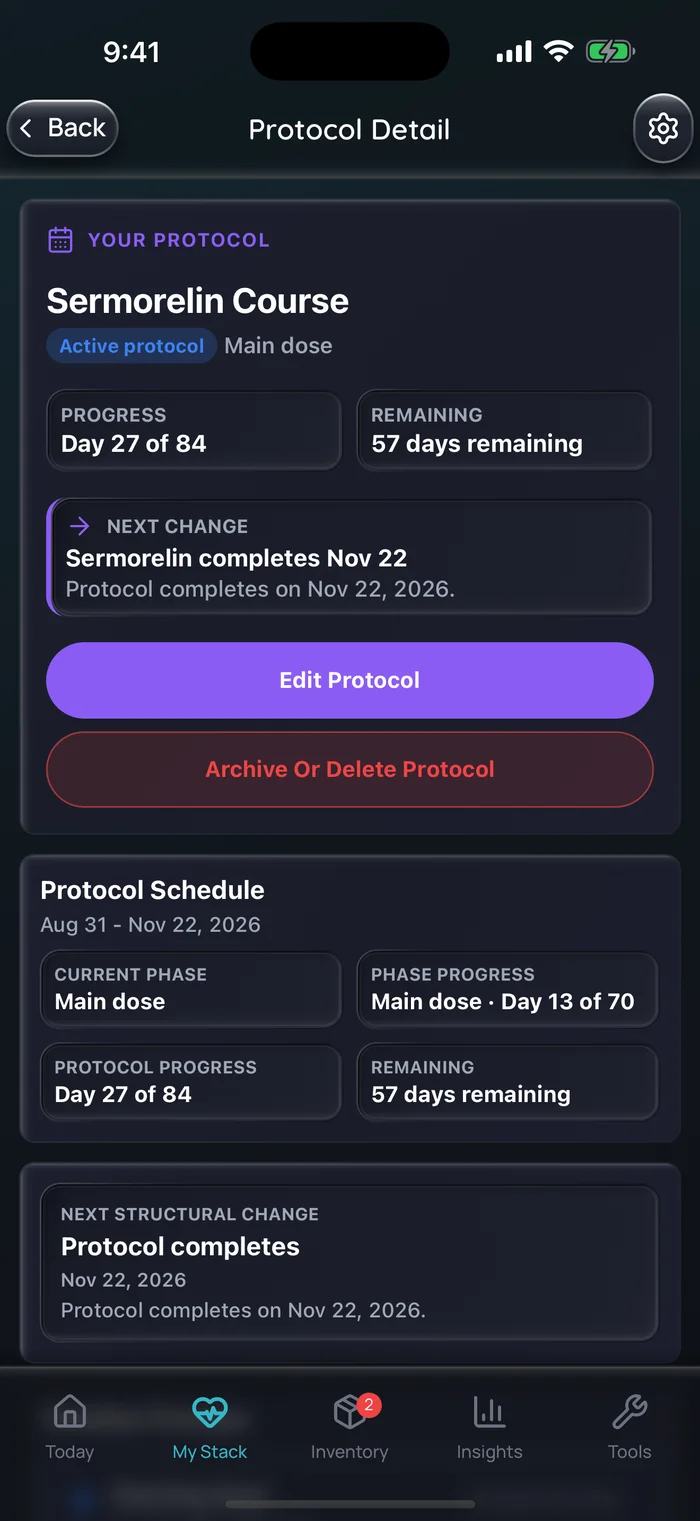 Capture de l’app Doserly (interface en anglais), données d’exemple : détail d’une cure de sermoréline au jour 27 sur 84, dans la phase de dose principale, avec 57 jours restants et la date de fin de la cure.