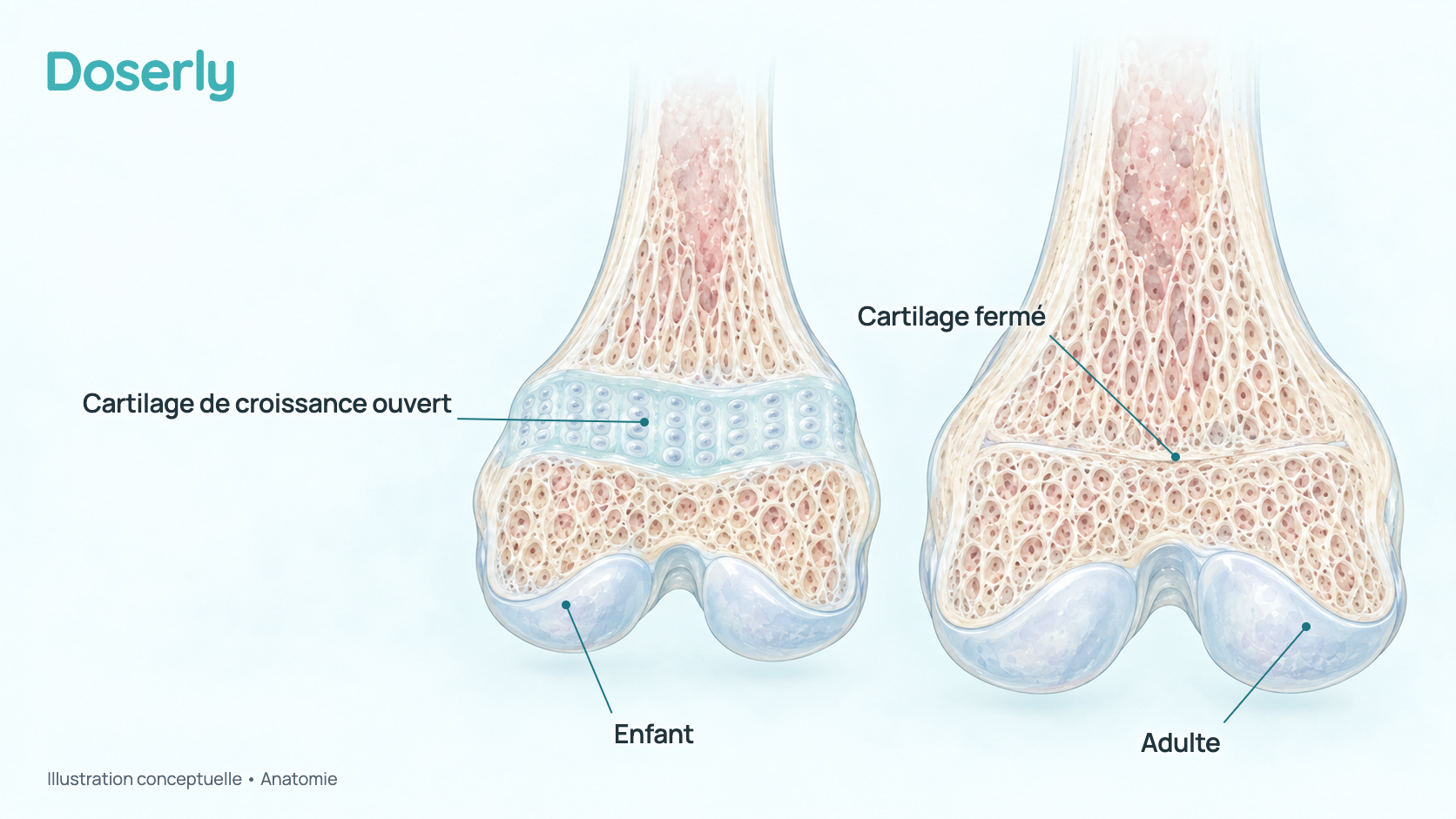 Coupes à l’aquarelle de l’extrémité du fémur d’un enfant, avec un cartilage de croissance ouvert, à côté d’un os d’adulte où le cartilage s’est refermé en une fine ligne. Elles montrent seulement l’anatomie, pas un effet de la sermoréline.