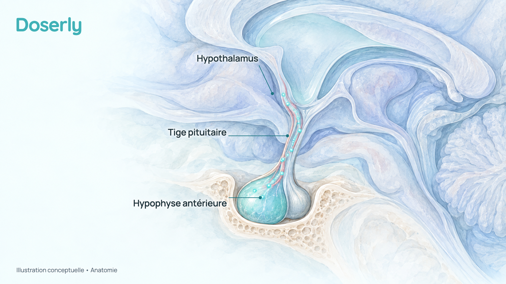 Coupe à l’aquarelle de la base du cerveau montrant l’hypothalamus, la tige pituitaire avec ses petits vaisseaux sanguins et le lobe antérieur de l’hypophyse. Elle montre seulement l’anatomie, pas un effet de la sermoréline.