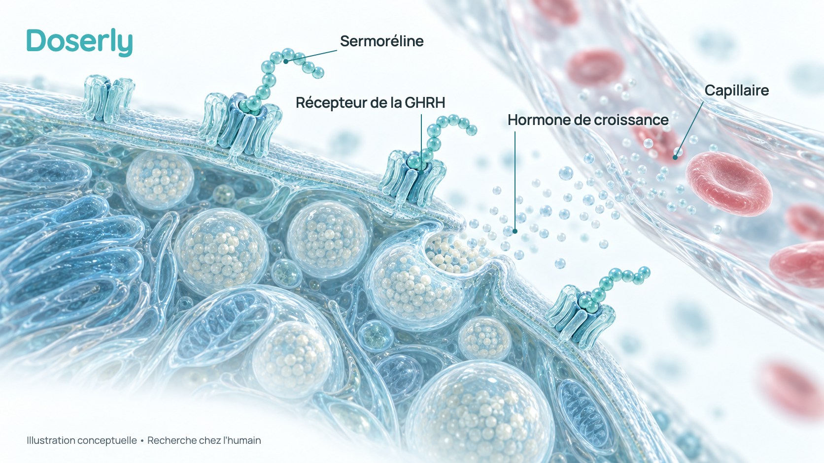 Illustration 3D d’aspect vitreux d’une cellule de l’hypophyse qui fabrique l’hormone de croissance, avec des chaînes de sermoréline fixées à des récepteurs à sa surface et de petits granules d’hormone de croissance libérés vers un vaisseau sanguin voisin. Elle représente un concept, pas une image au microscope.