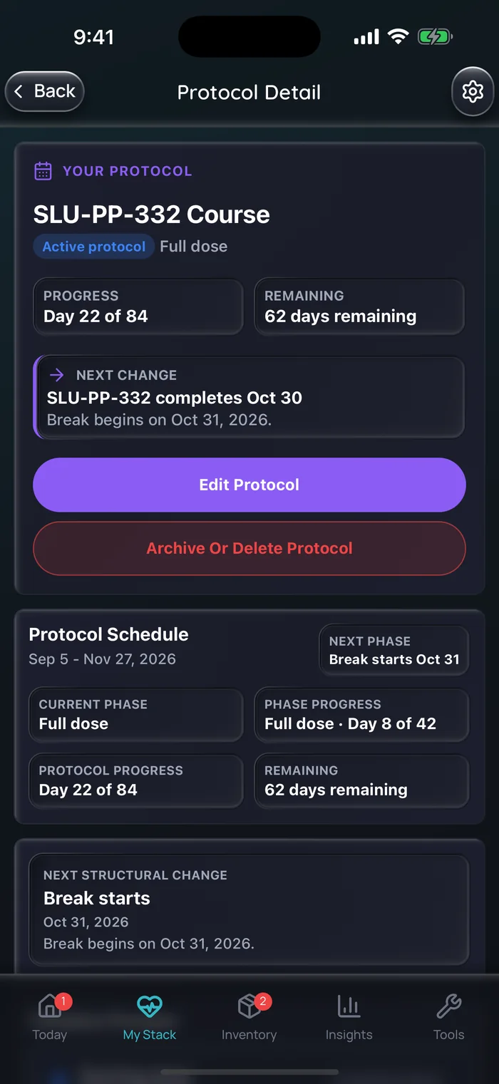 Capture de l’app Doserly (interface en anglais), données d’exemple : détail d’un protocole SLU-PP-332 au jour 22 sur 84 dans la phase de dose complète, 62 jours restants, avec une pause prévue à compter du 31 octobre.