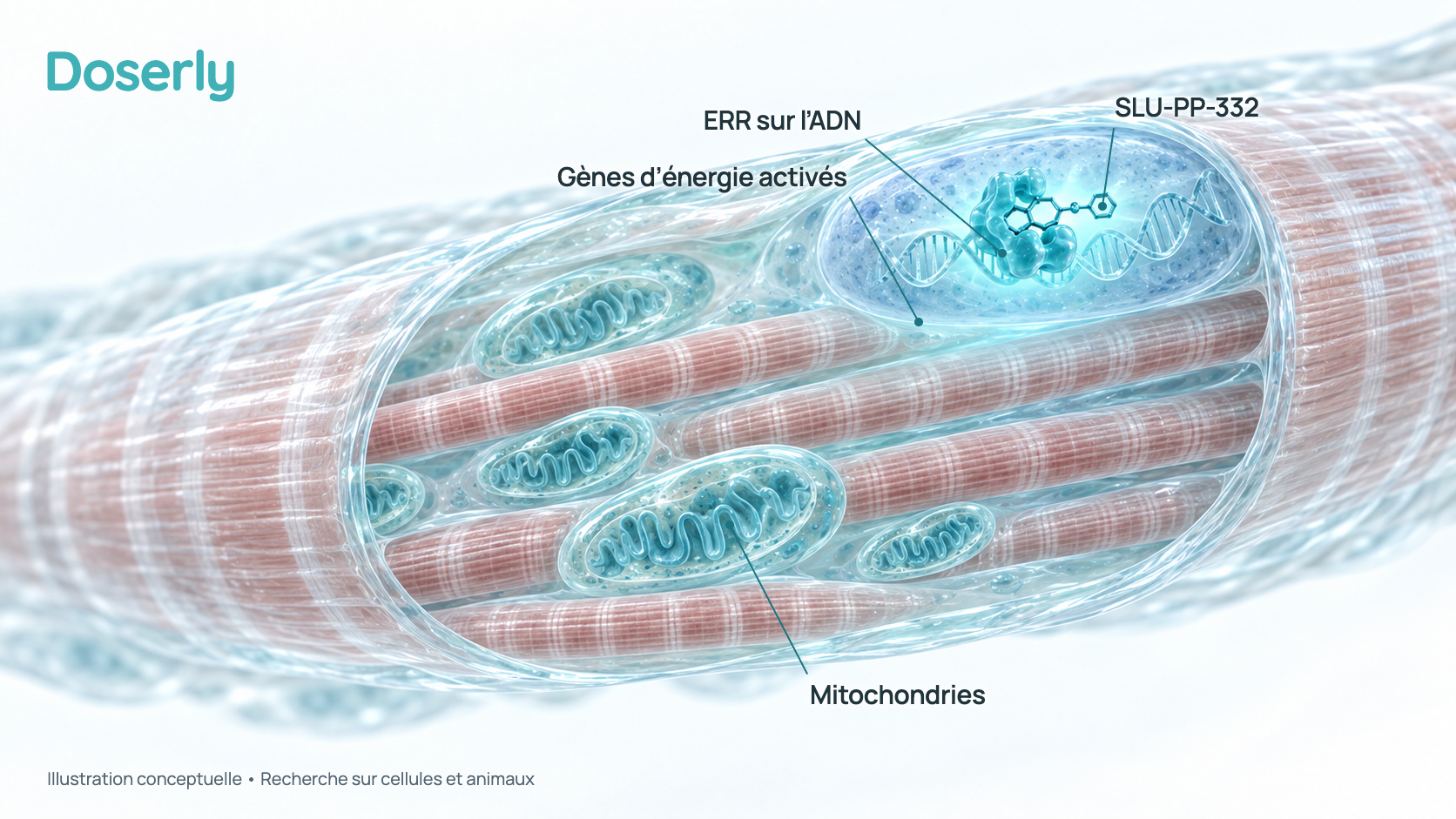 Illustration conceptuelle d’une cellule musculaire : une petite molécule de SLU-PP-332 entre dans le noyau et se lie à un récepteur apparenté aux œstrogènes sur l’ADN, ce qui active des gènes liés à la formation de mitochondries et à la combustion du gras; les mitochondries se multiplient dans le corps cellulaire. Les tailles ne sont pas à l’échelle. Elle représente des recherches sur cellules et chez la souris, pas un effet mesuré chez l’humain.