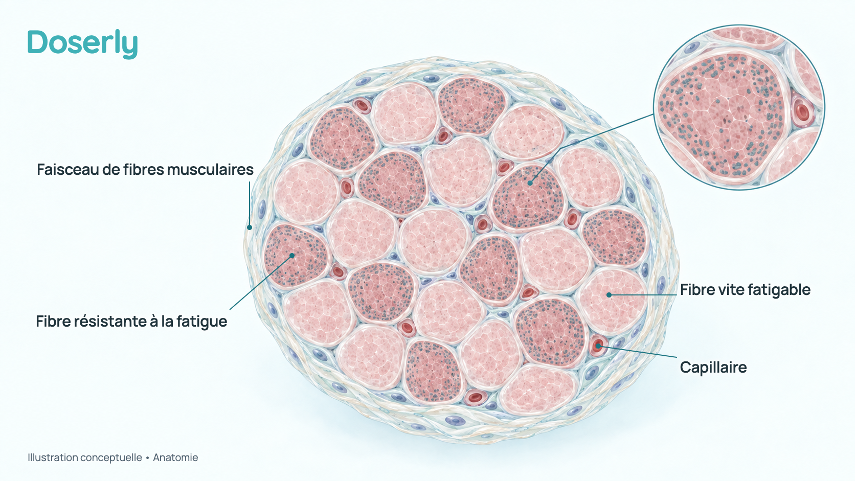 Coupe conceptuelle de muscle squelettique : faisceaux de fibres musculaires, certaines plus foncées et riches en mitochondries (fibres oxydatives résistantes à la fatigue), d’autres plus pâles, entourées de petits vaisseaux sanguins. Elle montre l’anatomie, pas un effet du SLU-PP-332.