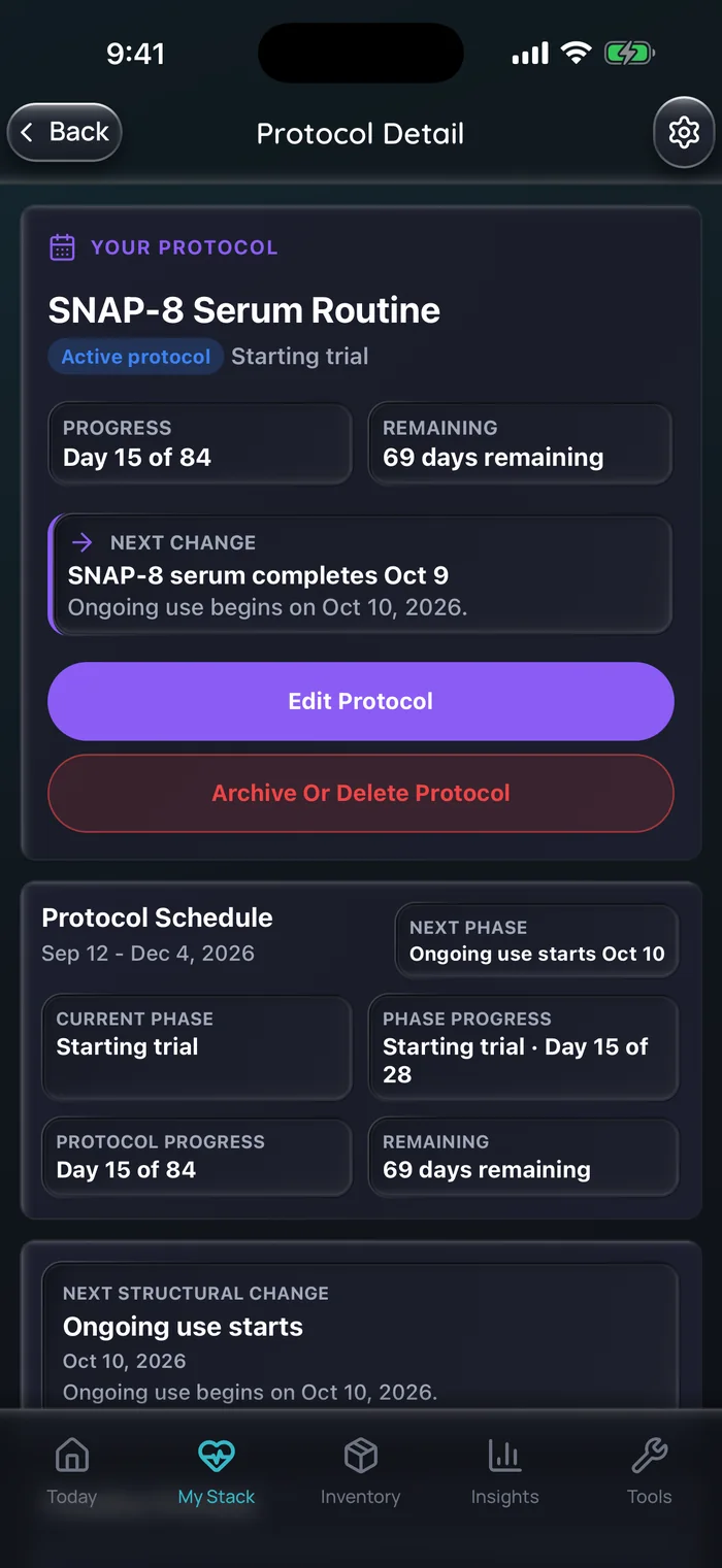 Capture de l’app Doserly (interface en anglais) : détail du protocole d’une routine de sérum au SNAP-8 au jour 15 sur 84, dans sa phase d’essai de départ, l’usage continu commençant ensuite.