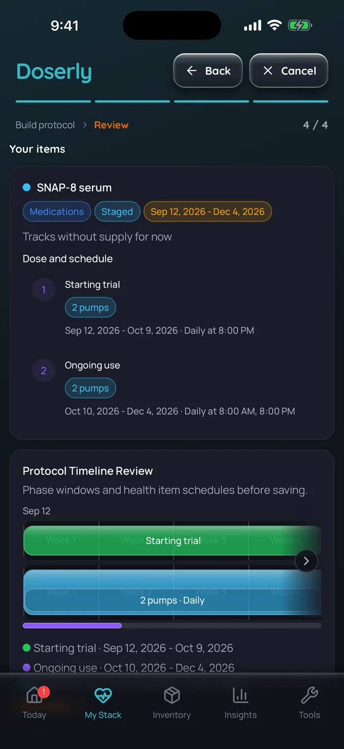 Capture de l’app Doserly (interface en anglais) : revue du protocole d’une routine de sérum au SNAP-8, 2 pressions chaque soir pendant un essai de départ de quatre semaines, puis 2 pressions matin et soir pour l’usage continu, avec la chronologie des phases en dessous.