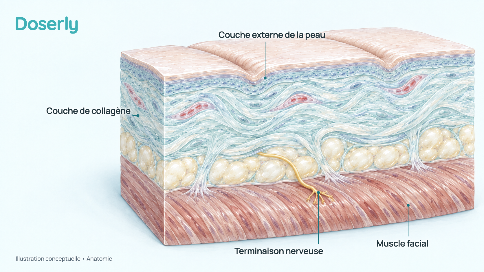 Coupe transversale conceptuelle de la peau du front : une mince couche externe de cellules de la peau, une couche de soutien plus épaisse, une couche graisseuse et, en dessous, une nappe de muscle facial avec une petite terminaison nerveuse. Elle montre l’anatomie normale, et non un effet du SNAP-8.