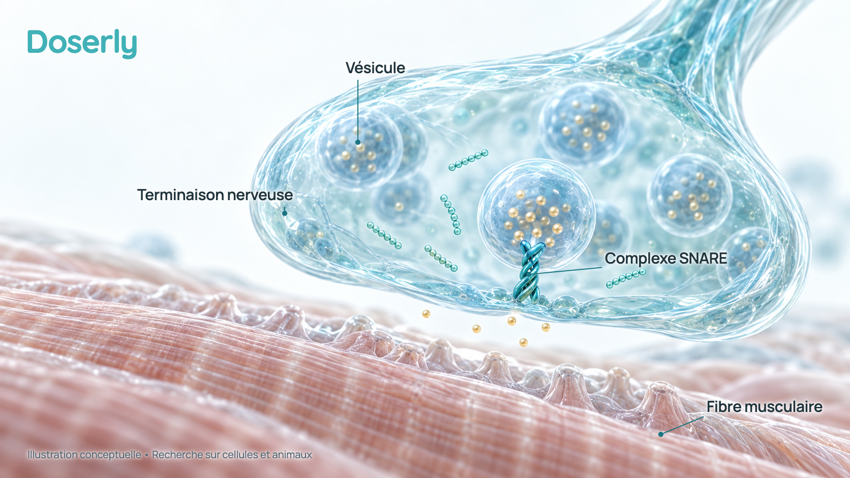 Illustration conceptuelle d’une terminaison nerveuse qui rejoint une fibre musculaire, avec de petites bulles de messager chimique qui s’arriment au bord du nerf grâce à un groupe de protéines, et quelques courts brins de peptide à proximité. Elle représente l’hypothèse de laboratoire du fabricant, et non un effet démontré chez l’humain.