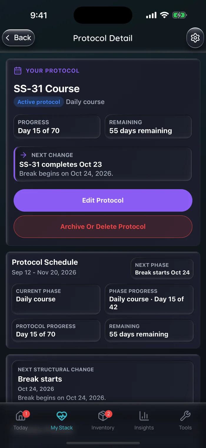 Capture de l’app Doserly (interface en anglais), données d’exemple : détail du protocole pour un exemple de cure de SS-31 en phase de cure quotidienne, au jour 15 sur 70, avec 55 jours restants et la phase de pause qui commence le 24 octobre.