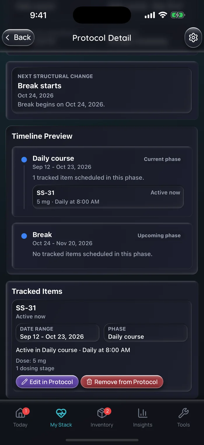 Capture de l’app Doserly (interface en anglais), données d’exemple : aperçu de la ligne du temps pour un exemple de cure de SS-31, avec une phase de cure quotidienne (« Daily course ») de 5 mg par jour à 8 h du 12 septembre au 23 octobre, puis une phase de pause (« Break ») du 24 octobre au 20 novembre, sans dose prévue.