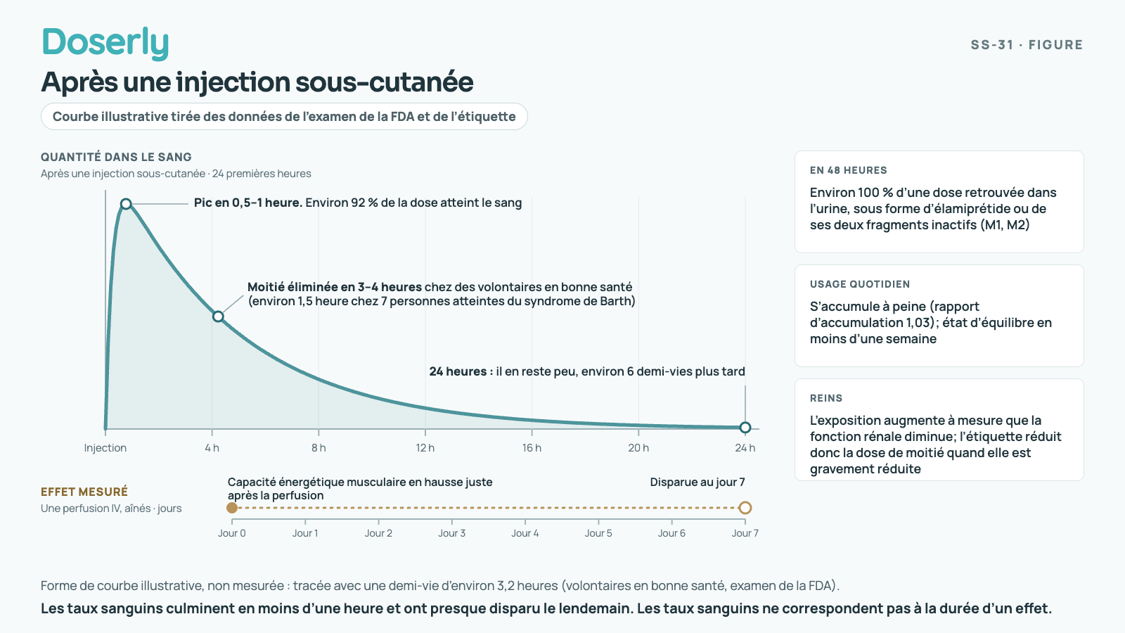 Chronologie d’une injection sous-cutanée d’élamiprétide : pic du taux sanguin en moins d’une heure, taux diminué de moitié toutes les 3 à 4 heures, peu de produit restant le lendemain et presque tout éliminé dans l’urine en 48 heures.