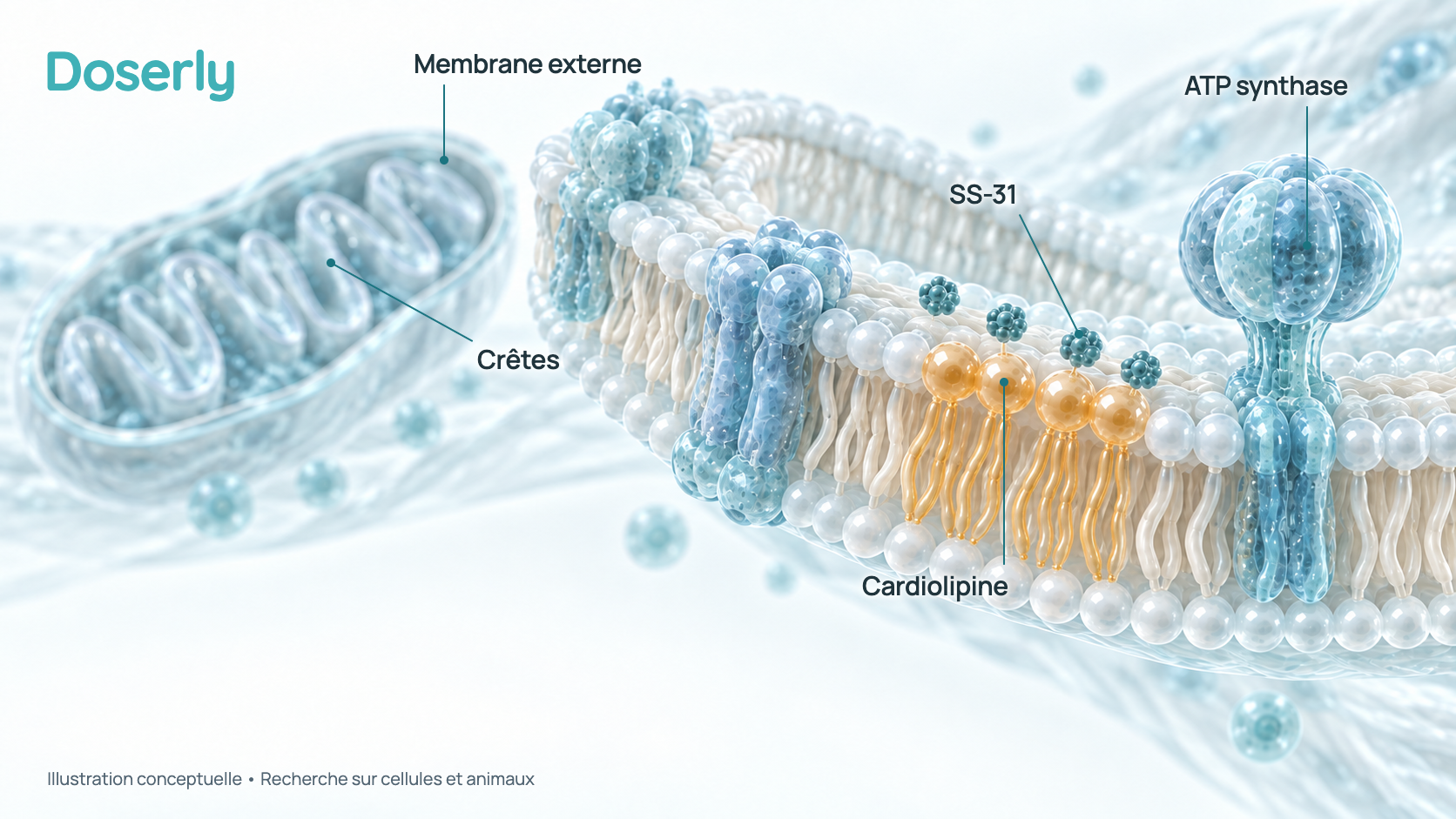 Illustration conceptuelle d’une mitochondrie ouverte pour montrer la membrane interne repliée, une zone riche en cardiolipine avec des protéines de la chaîne énergétique et l’ATP synthase, et de petites molécules de SS-31 à la surface de la membrane. Elle montre où les chercheurs pensent que le SS-31 agit, d’après des études sur cellules et chez l’animal.