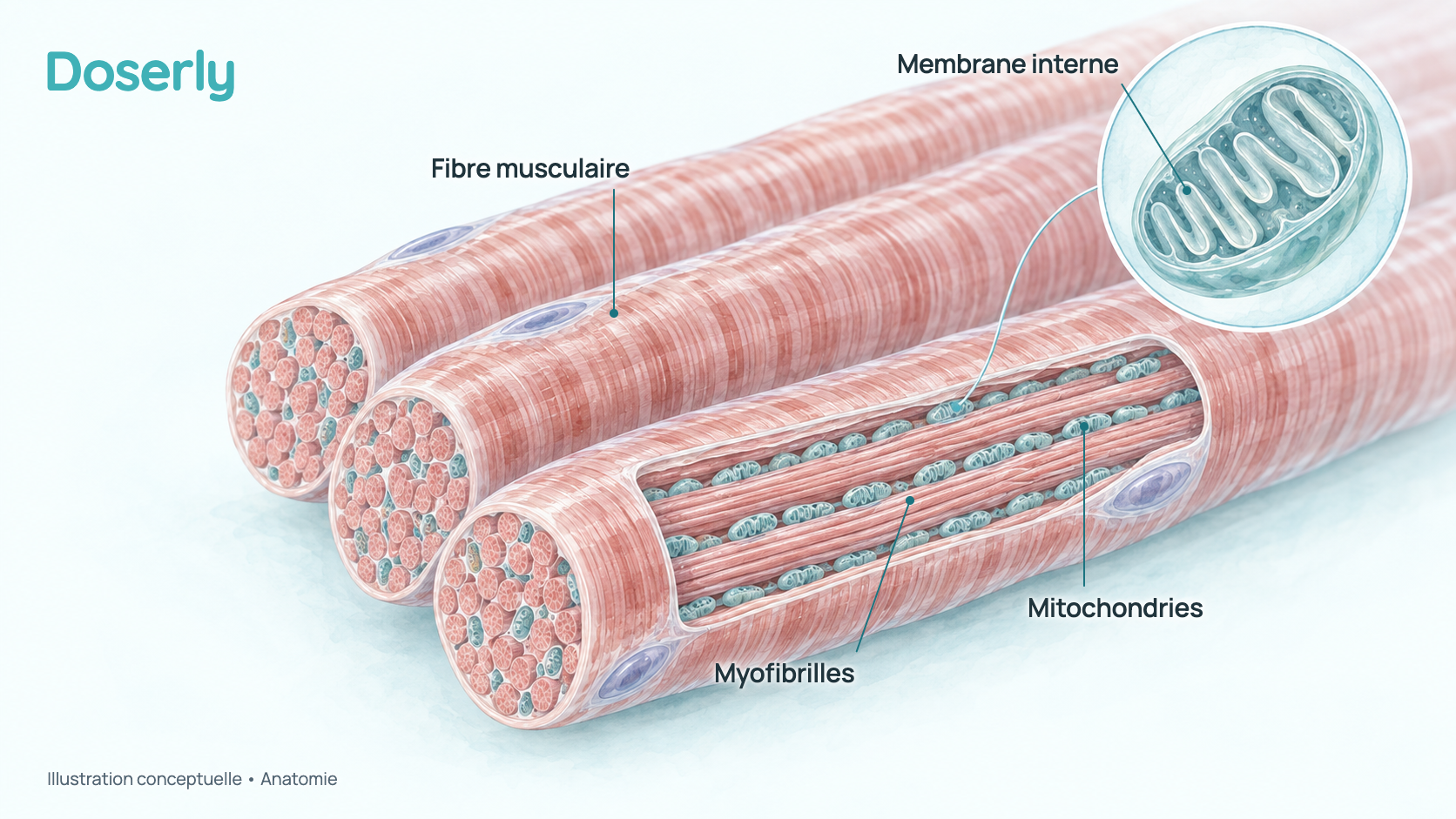 Illustration de fibres musculaires squelettiques avec des rangées de mitochondries tassées entre les filaments contractiles, et une mitochondrie agrandie montrant sa membrane interne repliée. Elle explique l’anatomie, et non un effet du SS-31.