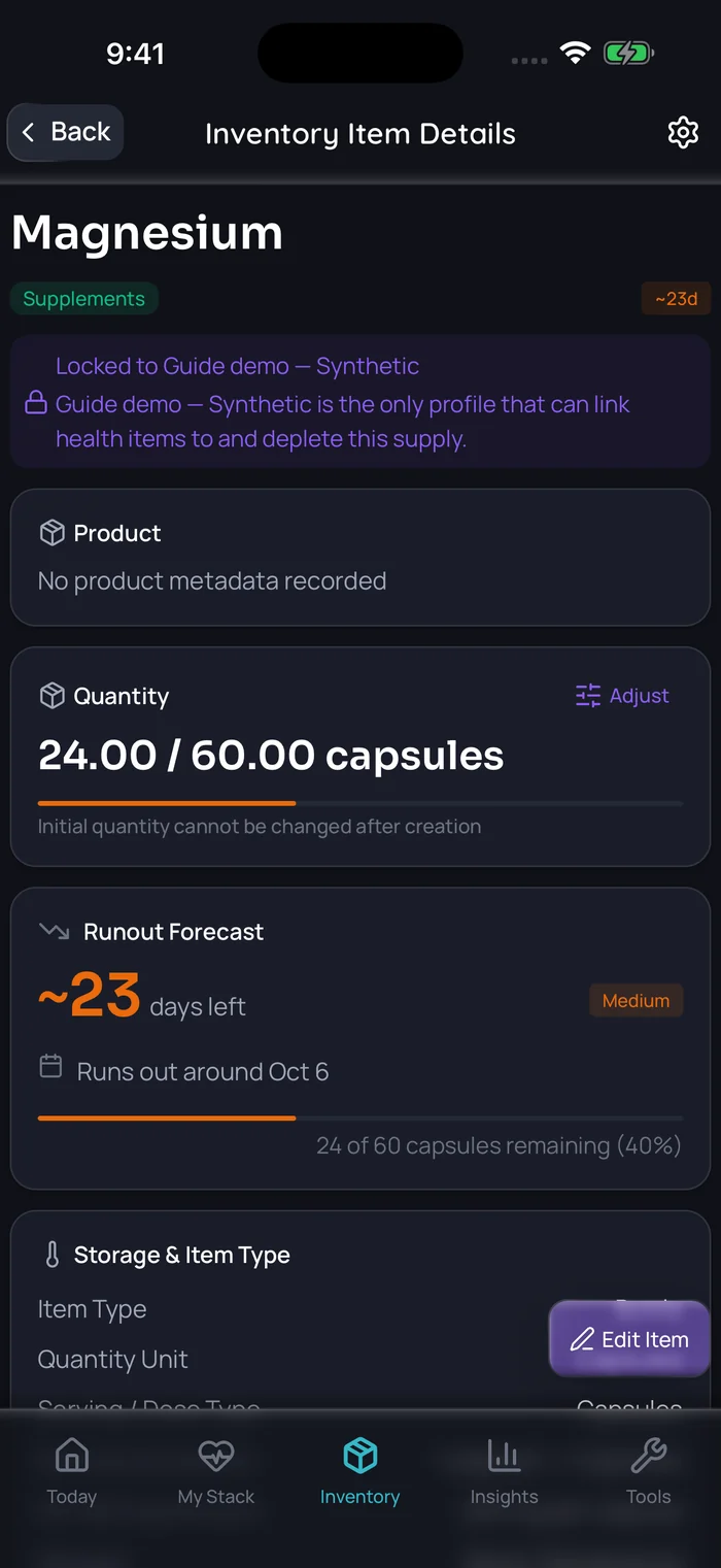 Doserly example-data inventory showing supply and container details.