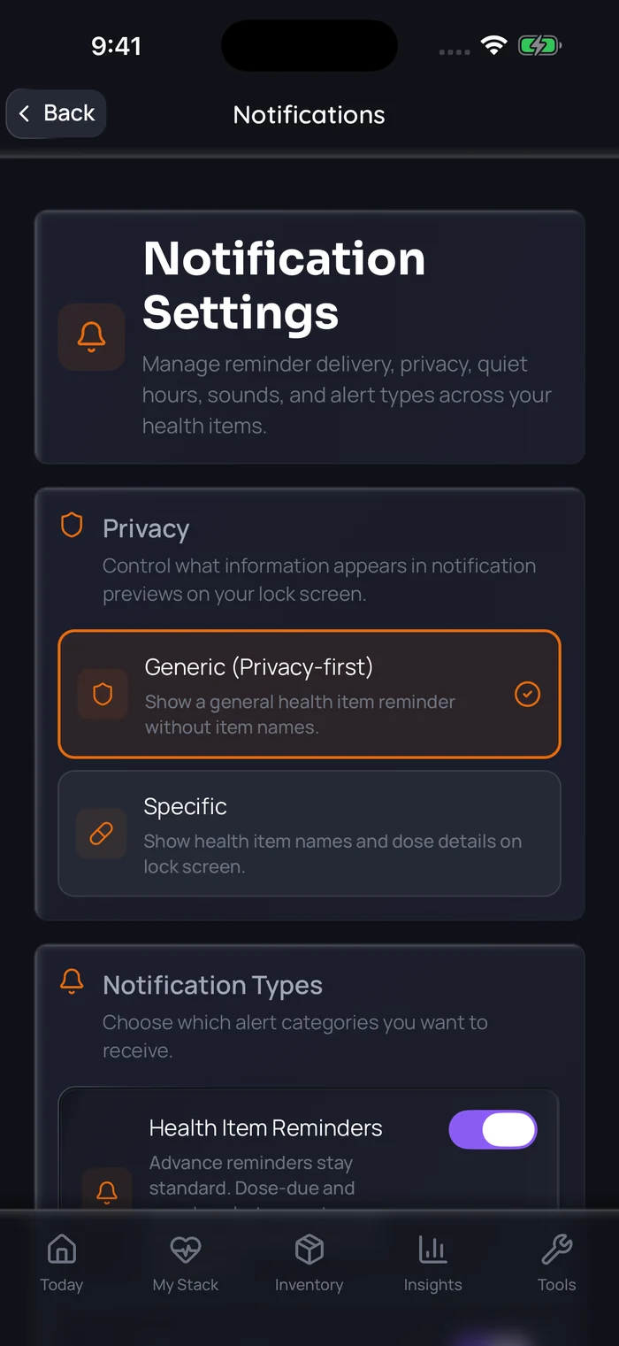 Doserly notification settings with generic privacy-first reminder text and health item reminders enabled.