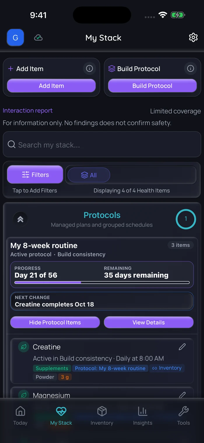 Doserly example-data screen showing separate supplement records.