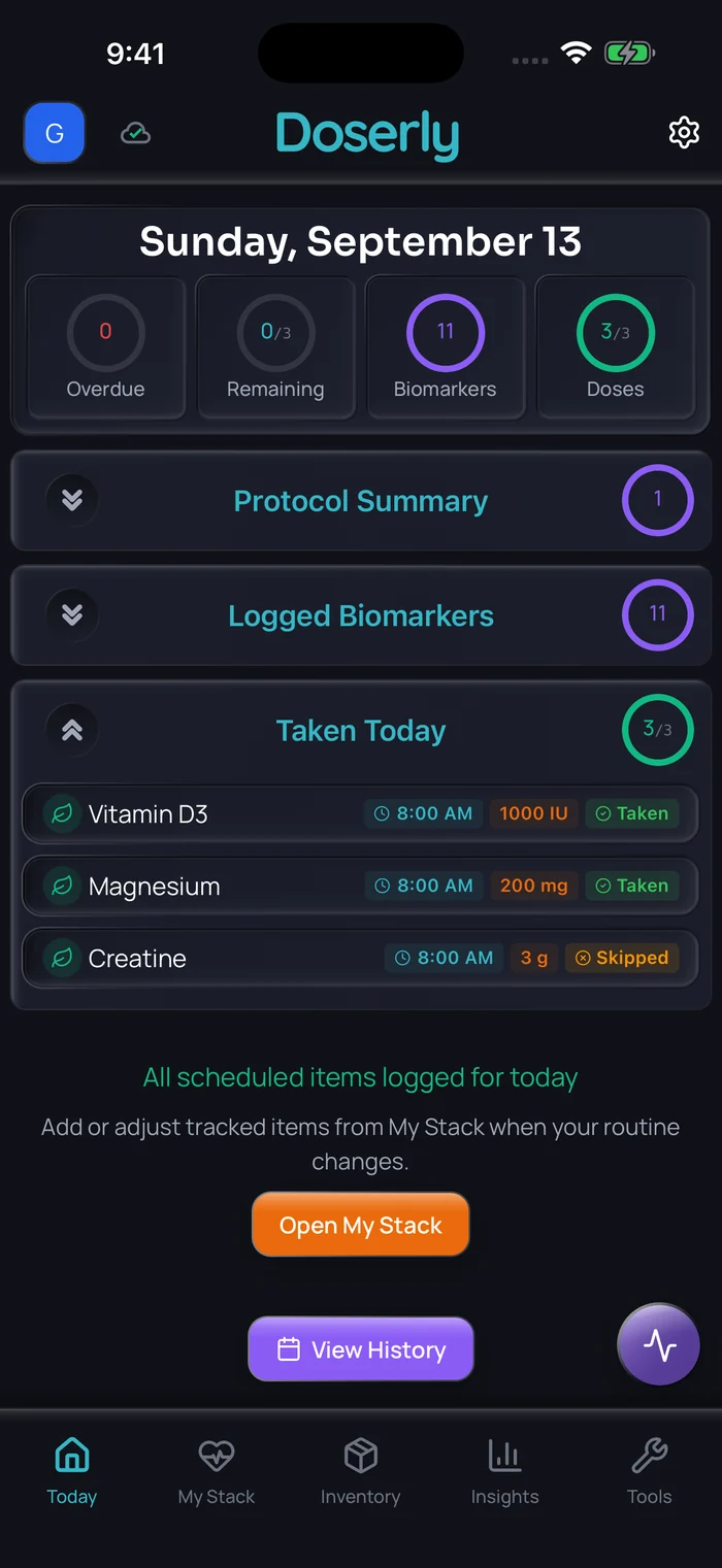 Example Doserly Today screen showing demo Vitamin D3, magnesium and creatine doses, including taken and skipped states.