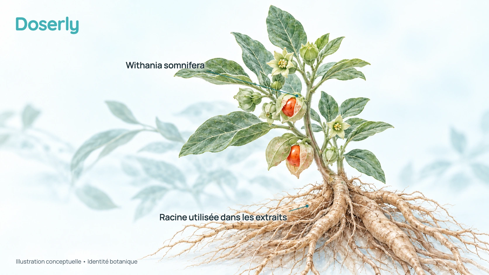 Identité botanique de Withania somnifera avec ses racines; une illustration conceptuelle, pas une preuve de bienfait.