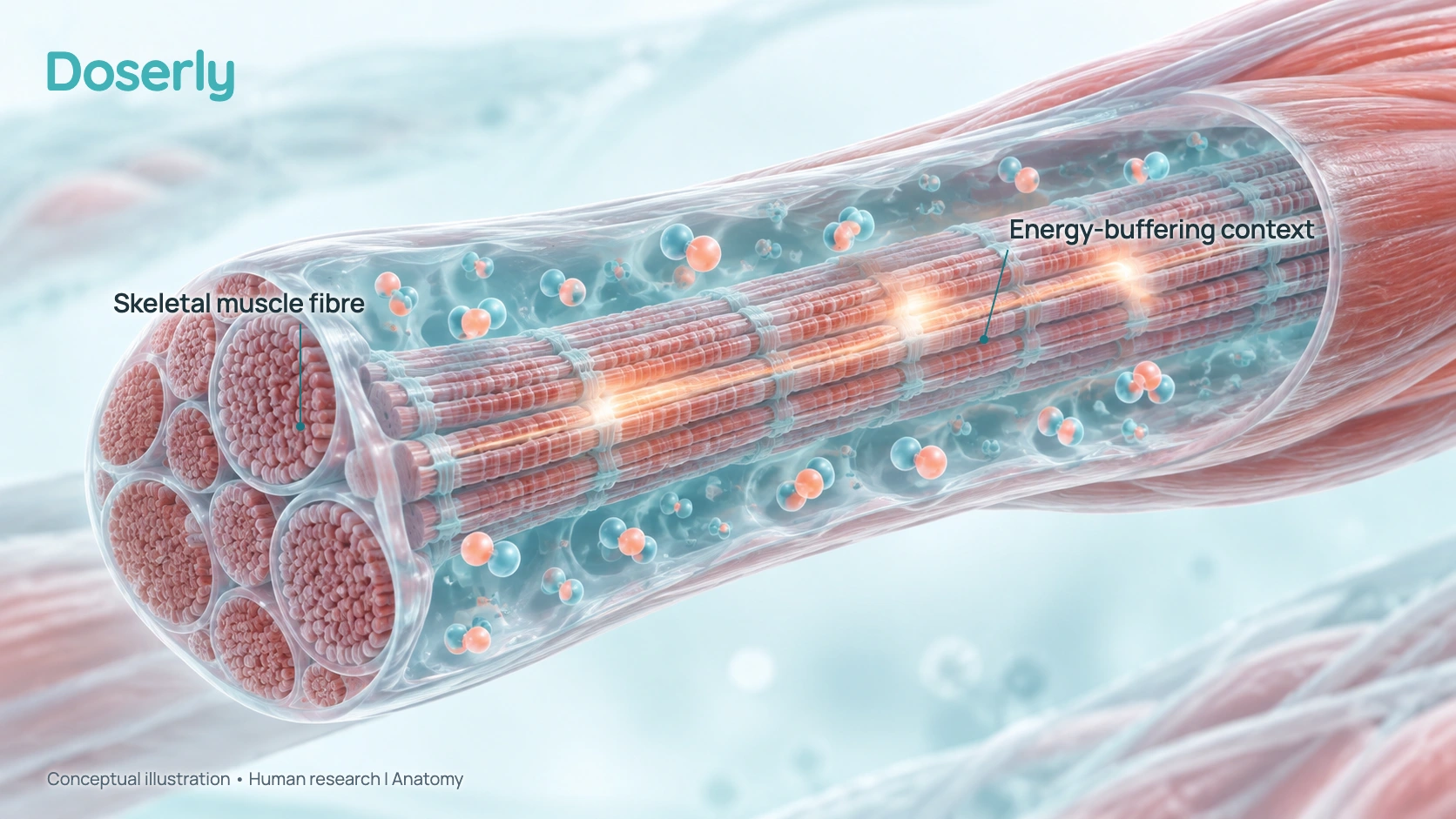 Conceptual cutaway of a skeletal muscle fibre with a labeled phosphocreatine reserve supporting rapid ATP turnover during a short hard effort.