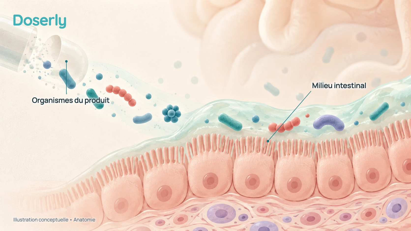 Illustration conceptuelle d’une capsule libérant diverses formes bactériennes au-dessus de la surface intestinale normale, avec des étiquettes sur les organismes du produit et le milieu intestinal.