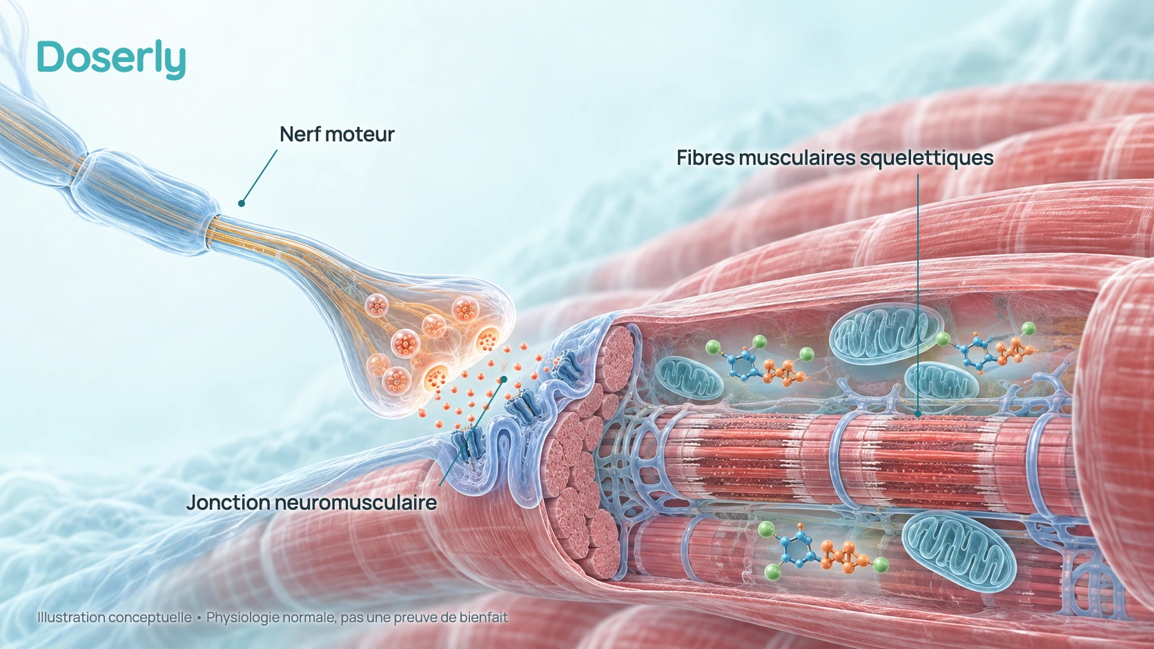 Nerf moteur, jonction neuromusculaire et fibres musculaires squelettiques en illustration conceptuelle.