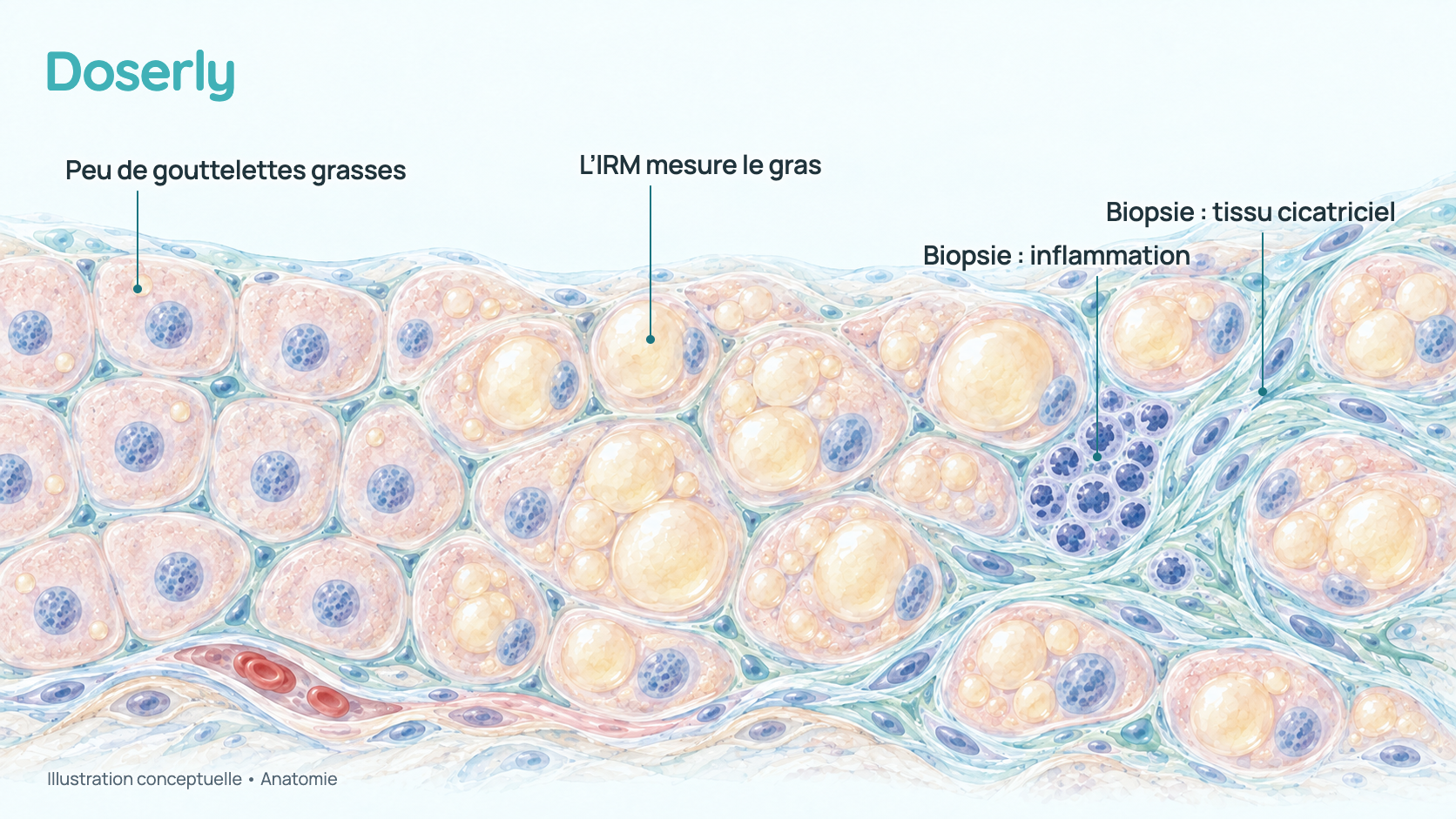 Une bande continue de tissu hépatique qui passe de cellules contenant peu de gouttelettes de gras à des cellules remplies de gras, puis à de l’inflammation et à du tissu cicatriciel, pour montrer que l’IRM mesure le gras alors qu’une biopsie évalue l’inflammation et la cicatrisation.