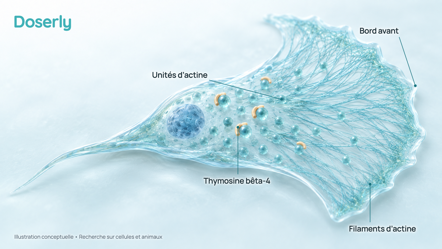 Illustration conceptuelle d’une cellule qui rampe, avec un mince bord avant rempli de filaments d’actine, et des unités d’actine isolées dans le corps de la cellule, dont certaines sont retenues par de petites molécules de thymosine bêta-4. Les tailles ne sont pas à l’échelle. Elle représente la recherche sur cellules portant sur la protéine d’origine, et non un effet mesuré du TB-500 chez l’humain.