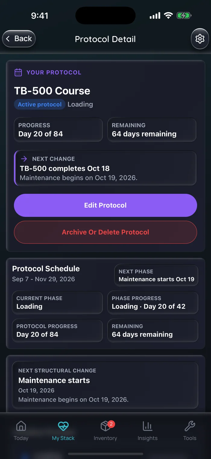 Capture de l’app Doserly (interface en anglais) : détail d’un protocole pour une cure d’exemple de TB-500 en phase de charge (Loading), au jour 20 sur 84, avec 64 jours restants et la phase d’entretien (Maintenance) à venir.