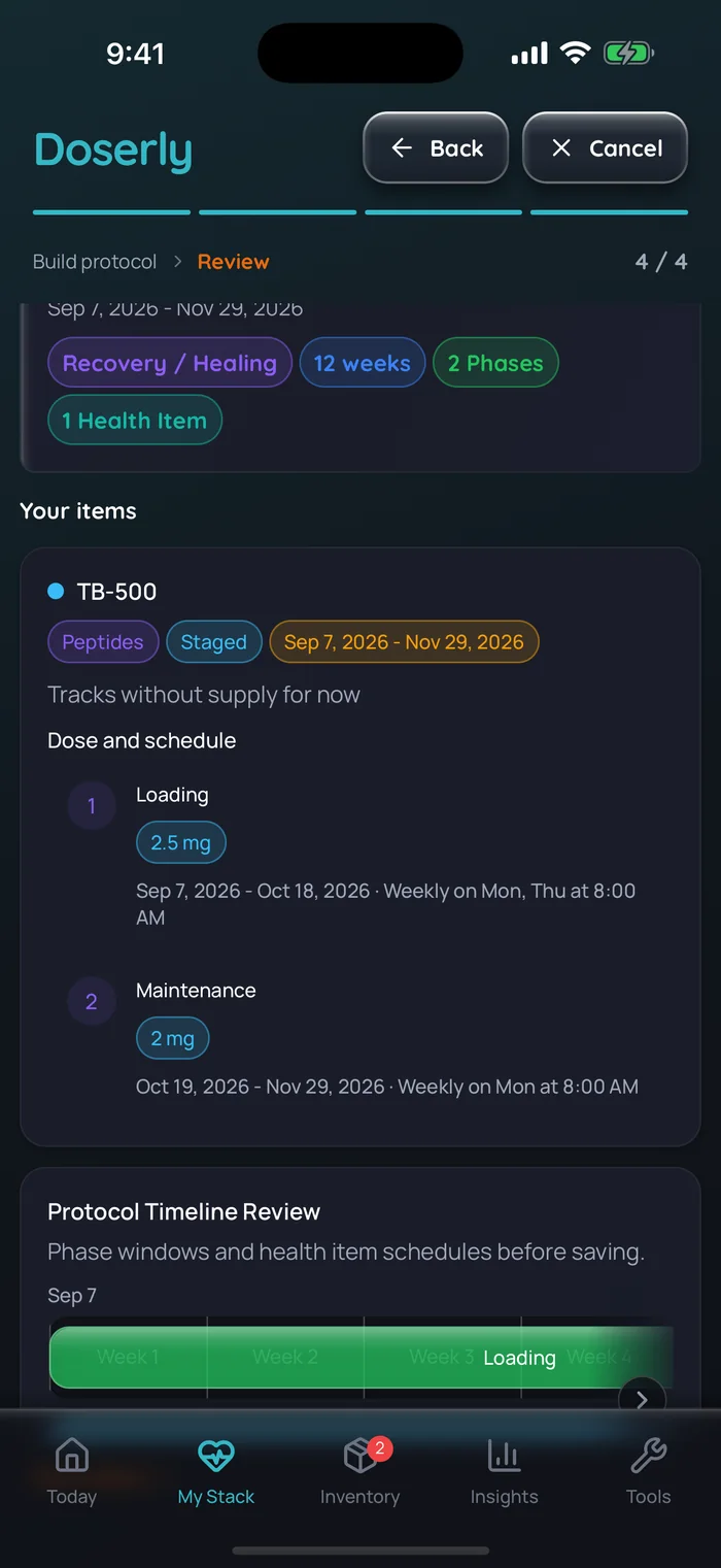 Capture de l’app Doserly (interface en anglais) : révision d’un protocole pour une cure d’exemple de TB-500 planifiée sur 12 semaines en 2 phases : une étape de charge (Loading) de 2,5 mg par semaine le lundi et le jeudi, puis une étape d’entretien (Maintenance) de 2 mg par semaine le lundi.