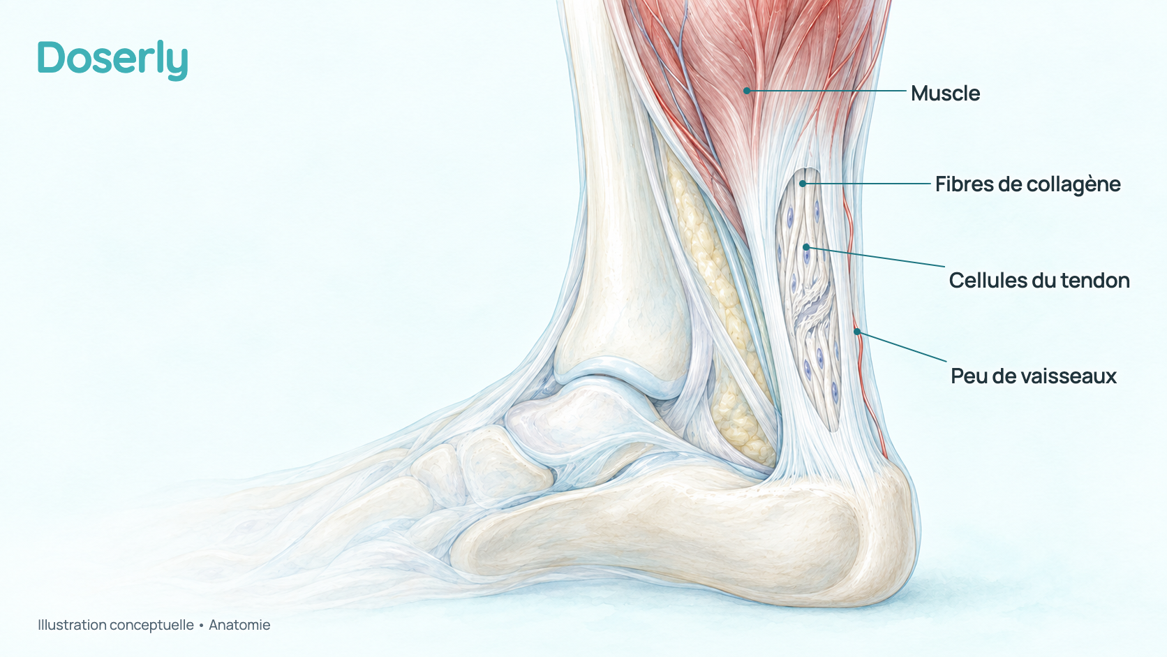 Vue latérale conceptuelle en coupe d’un muscle du mollet qui rejoint le tendon d’Achille et l’os du talon : de longues fibres de collagène parallèles avec des cellules du tendon éparses, peu de vaisseaux sanguins dans le tendon comparativement au muscle, et une zone effilochée évoquant une blessure. Elle montre l’anatomie, et non un effet du TB-500.