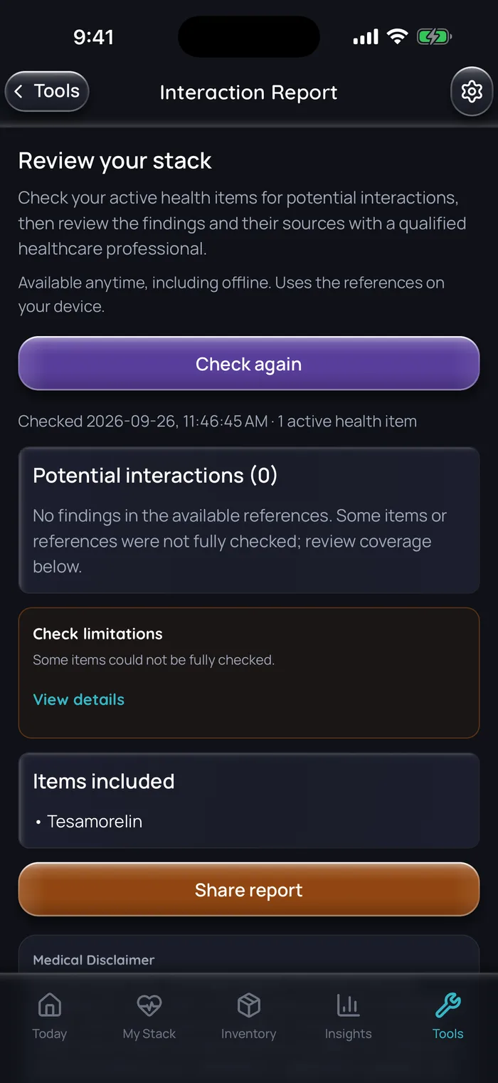 Doserly interaction report for a stack with one active item, tesamorelin, showing no findings in the available references and a note that some items could not be fully checked.
