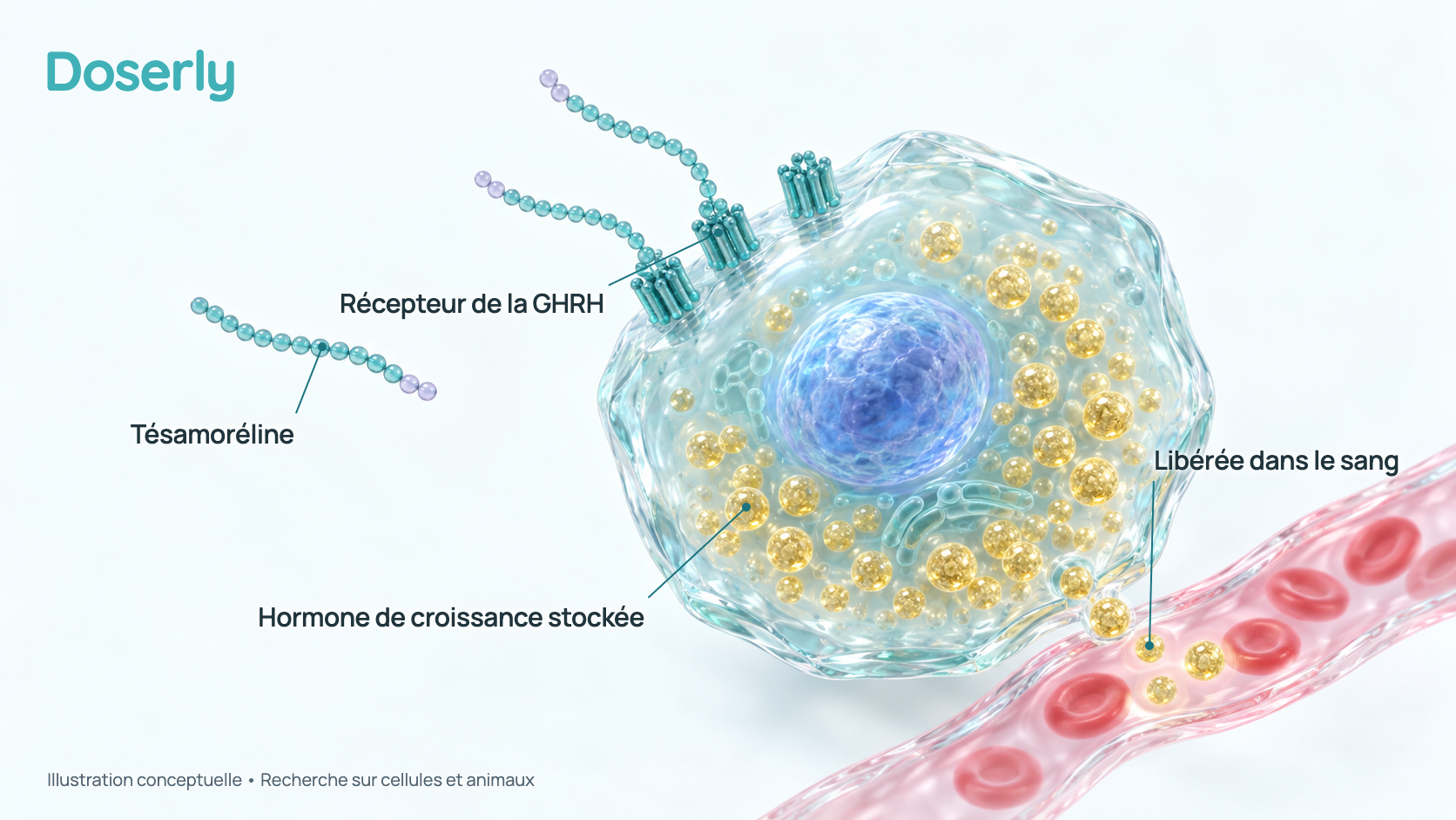 Illustration conceptuelle d’une cellule de l’hypophyse productrice d’hormone de croissance, avec des récepteurs de la GHRH à sa surface et des granules d’hormone de croissance en cours de libération. Ce n’est pas une image de microscopie et elle ne montre pas un effet mesuré chez l’humain.