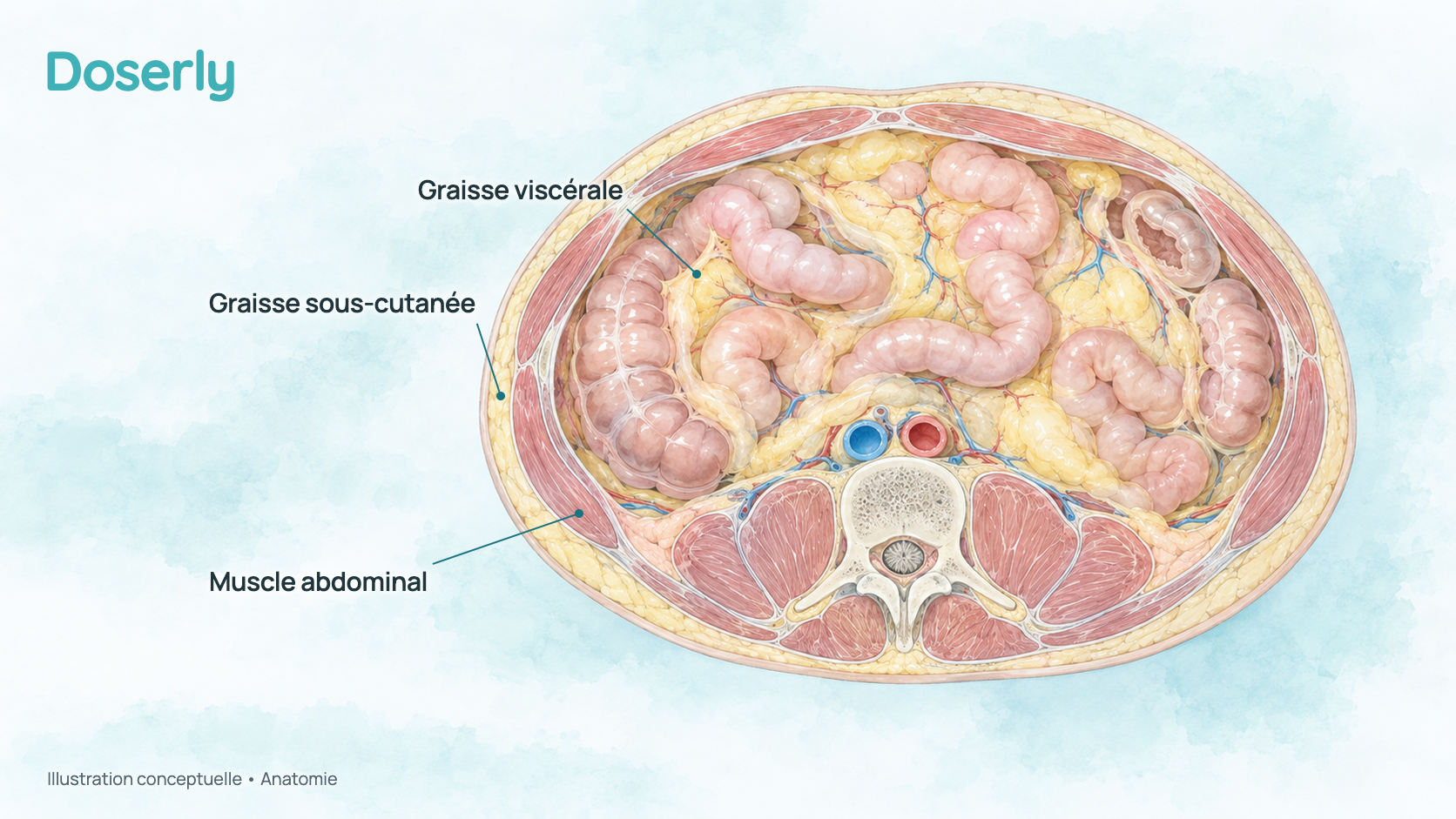 Coupe conceptuelle à l’aquarelle de l’abdomen montrant la graisse viscérale profonde tassée autour des intestins, séparée de la couche externe de graisse sous-cutanée sous la peau. Ce n’est pas un examen d’imagerie et elle ne montre pas l’effet d’un traitement.