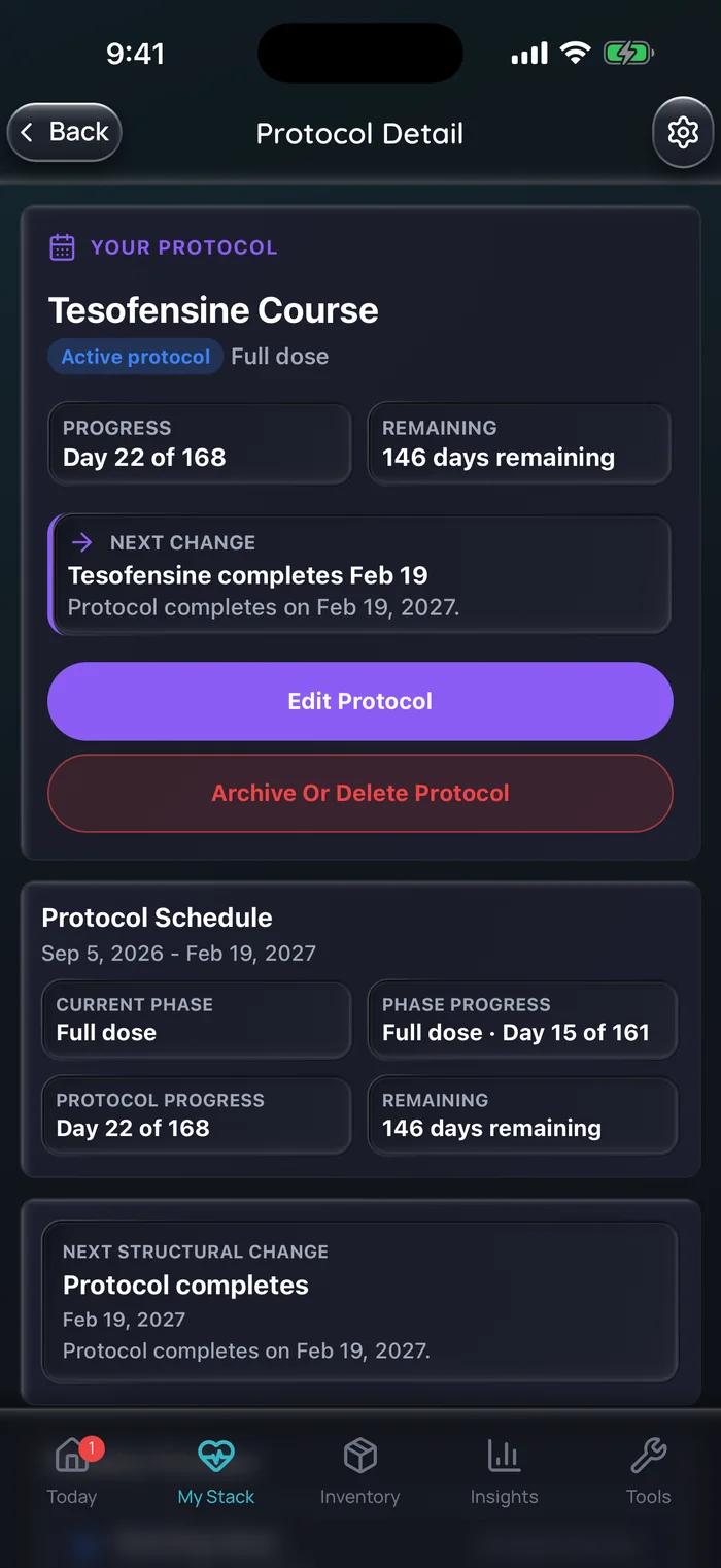 Capture de l’app Doserly (interface en anglais) : détail du protocole pour l’exemple de cure de tésofensine de 24 semaines, au jour 22 sur 168 dans la phase à pleine dose, avec 146 jours restants et une fin de cure le 19 février 2027.