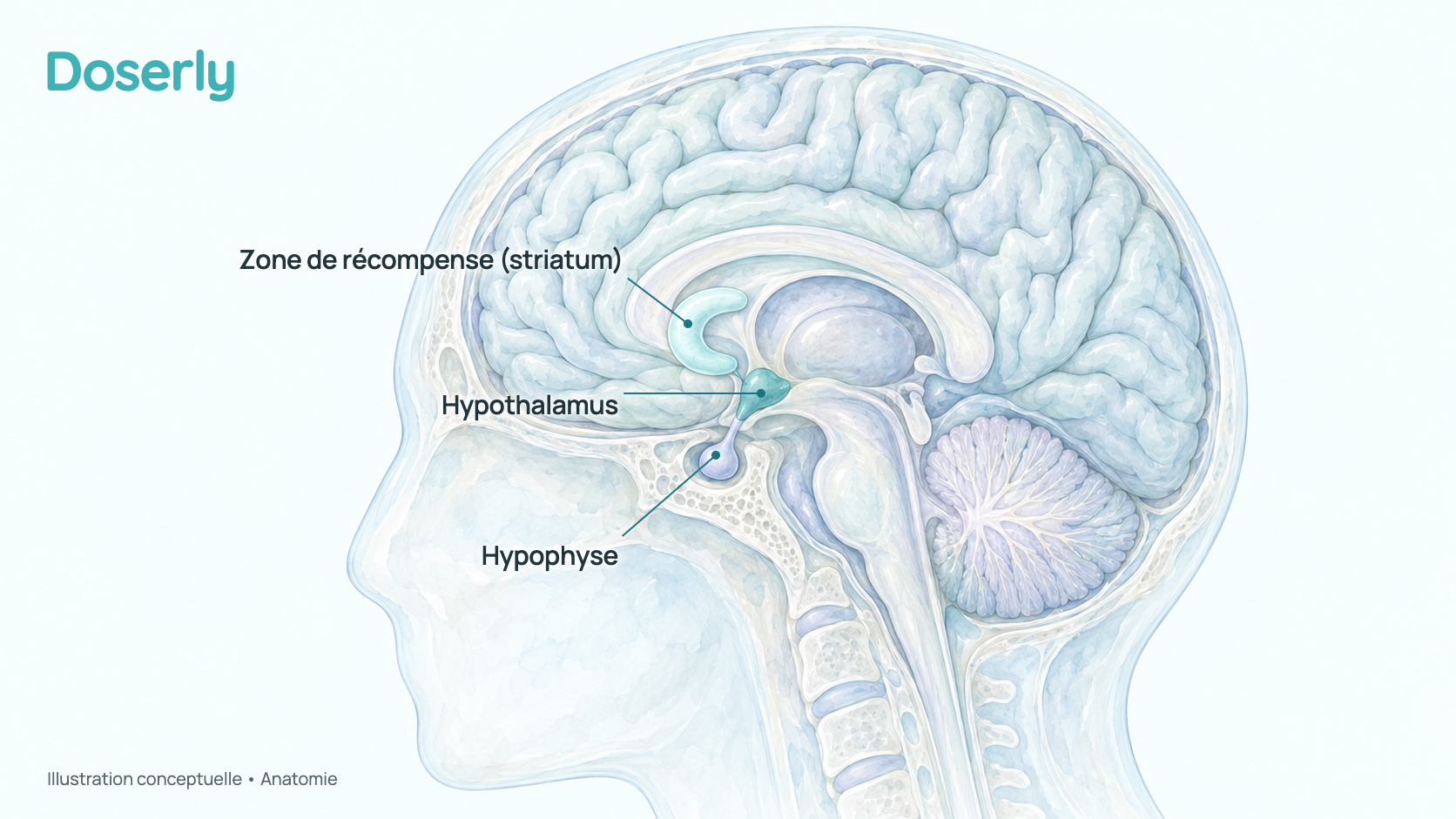 Coupe conceptuelle du cerveau humain montrant l’hypothalamus et le striatum, des régions associées à l’appétit et à la récompense. Elle montre l’anatomie, pas un effet mesuré de la tésofensine.