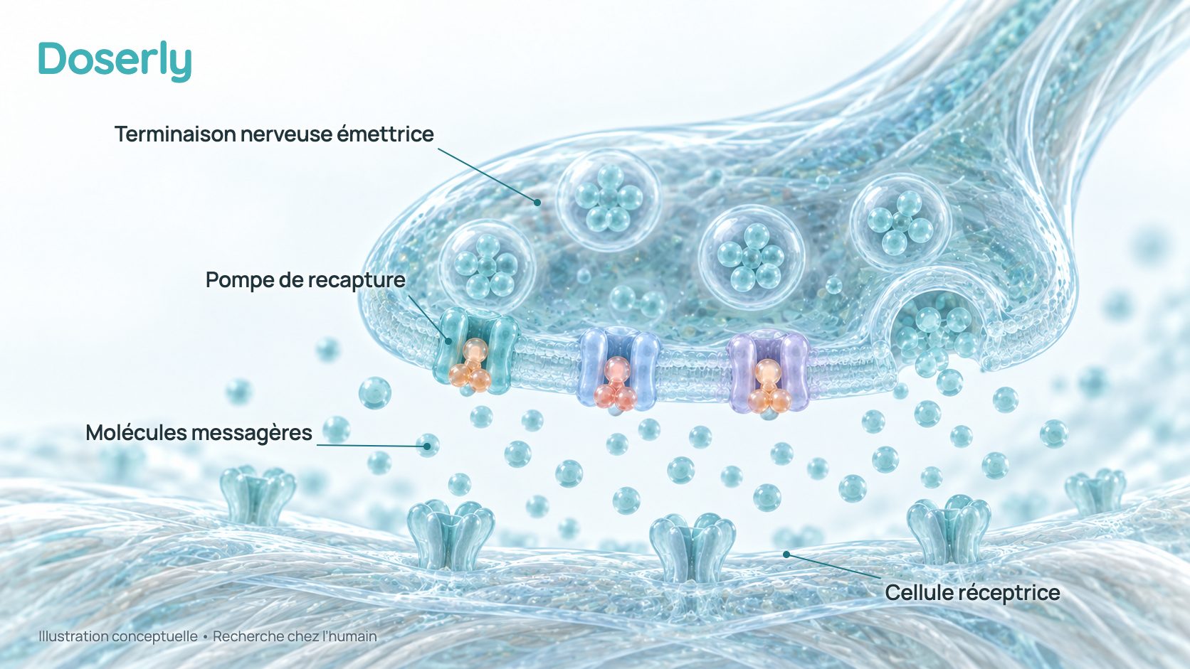 Illustration conceptuelle d’une synapse dans laquelle les pompes qui recyclent la dopamine, la noradrénaline et la sérotonine sont bloquées, de sorte qu’une plus grande quantité de ces messagers reste dans l’espace entre les cellules nerveuses. C’est un schéma simplifié, pas une image de microscopie.