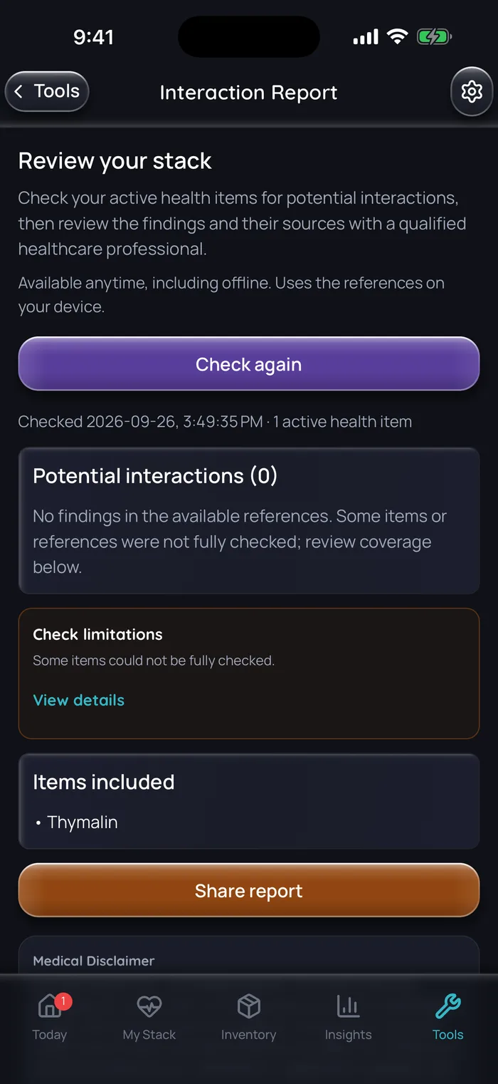 Doserly interaction report for a stack with one active item, Thymalin: no potential interactions found in the available references, and a note that some items could not be fully checked.
