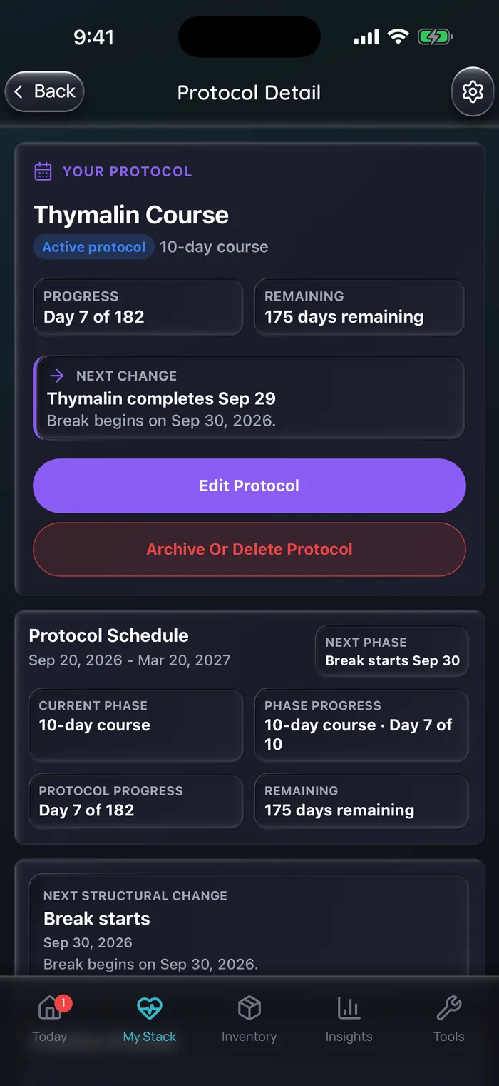 Doserly protocol detail for an example Thymalin course: day 7 of 10 in the 10-day course phase, Thymalin completes Sep 29 and a break begins Sep 30, 2026.